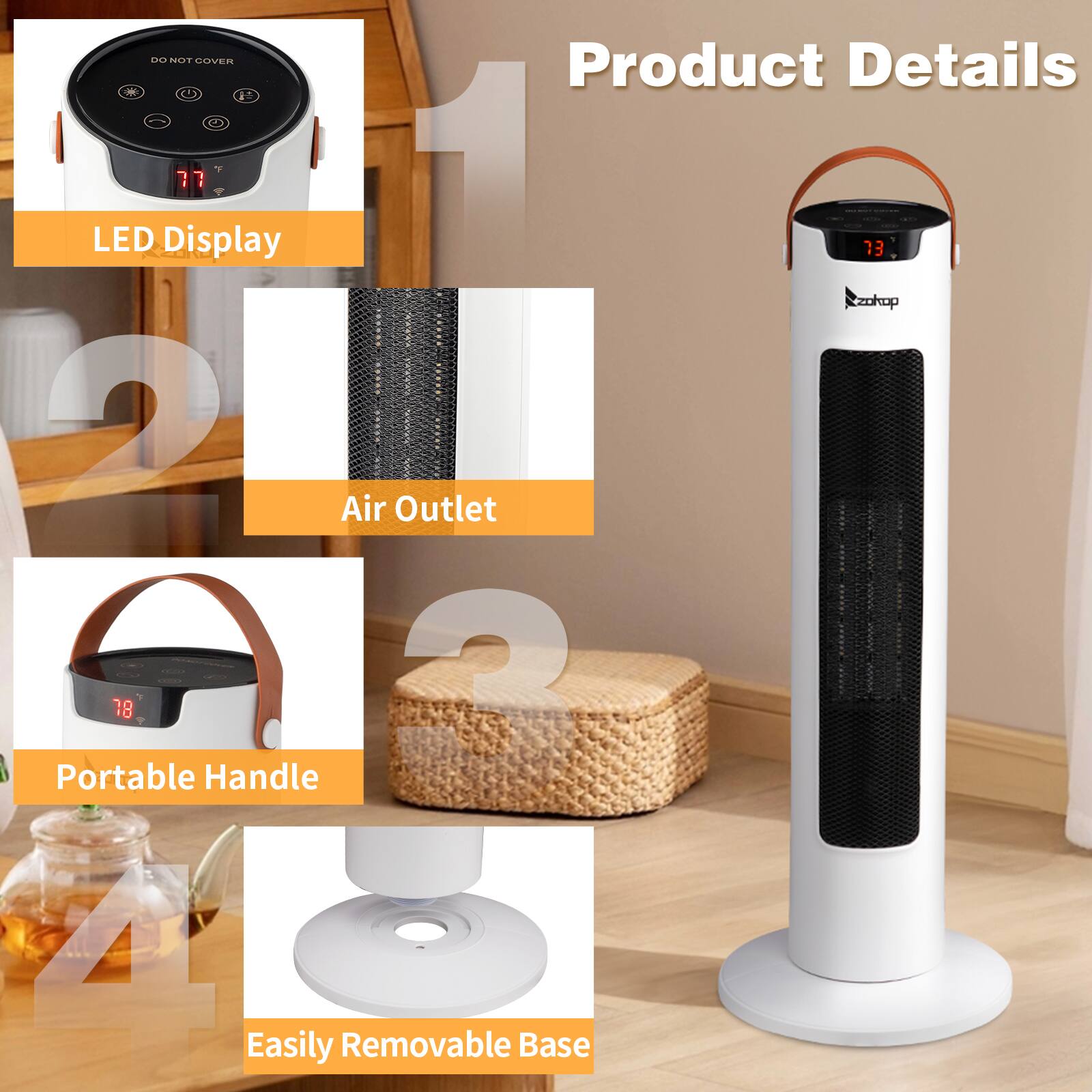 Product Details

1. LED Display
2. Air Outlet
3. Portable Handle
4. Easily Removable Base