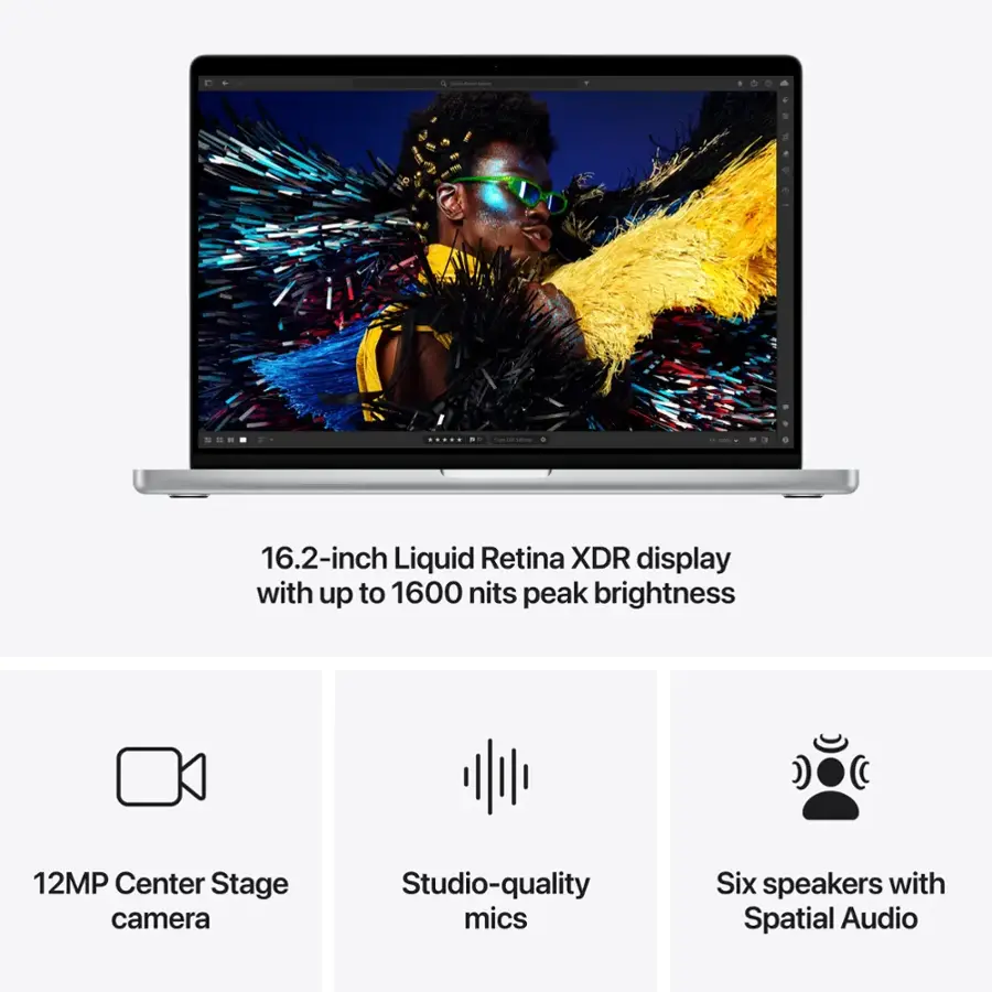 I - 3 - - - : - i 16.2-inch Liquid Retina XDR display with up to 1600 nits peak brightness 12MP Center Stage camera Studio-quality mics Six speakers with Spatial Audio
