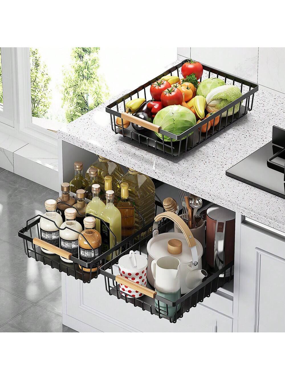 Alt View 1. GARVEE - Pull Out Cabinet Organizer, Multifunctional Slide Out Cabinet Organizers, No Drill Pull Out Shelf Storage Drawer,Black - Black.