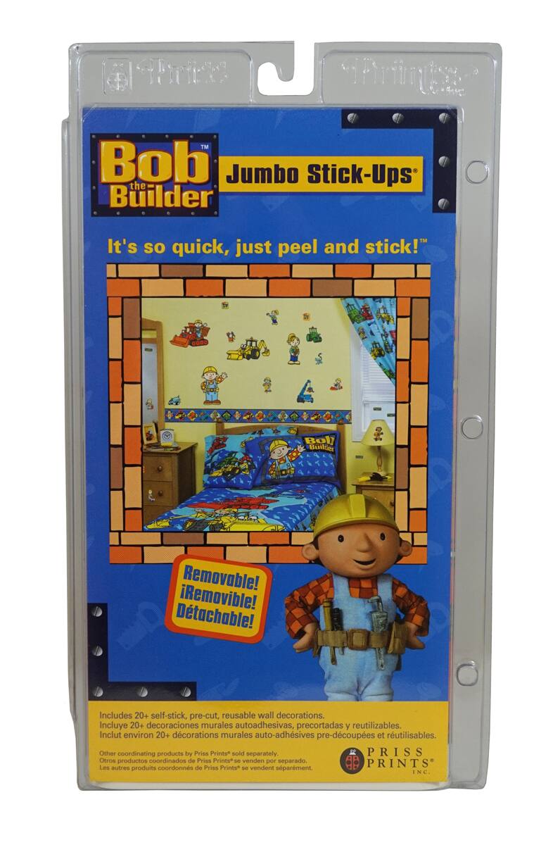Bob the Builder Jumbo Stick-Ups  
It's so quick, just peel and stick!  

Removable!  
Détachable!  
Detachable!  

Includes 20+ self-stick, pre-cut, reusable wall decorations.  
Incluye 20+ decoraciones murales autoadhesivas, precortadas y reutilizables.  
Inclut environ 20+ décorations murales auto-adhésives pré-découpées et reutilisables.  

Other coordinating products by Priss Prints® sold separately.  
Otros productos coordinados de Priss Prints® se venden por separado.  
Les autres produits coordonnés de Priss Prints® se vendent séparément.  

PRISS PRINTS® INC.
