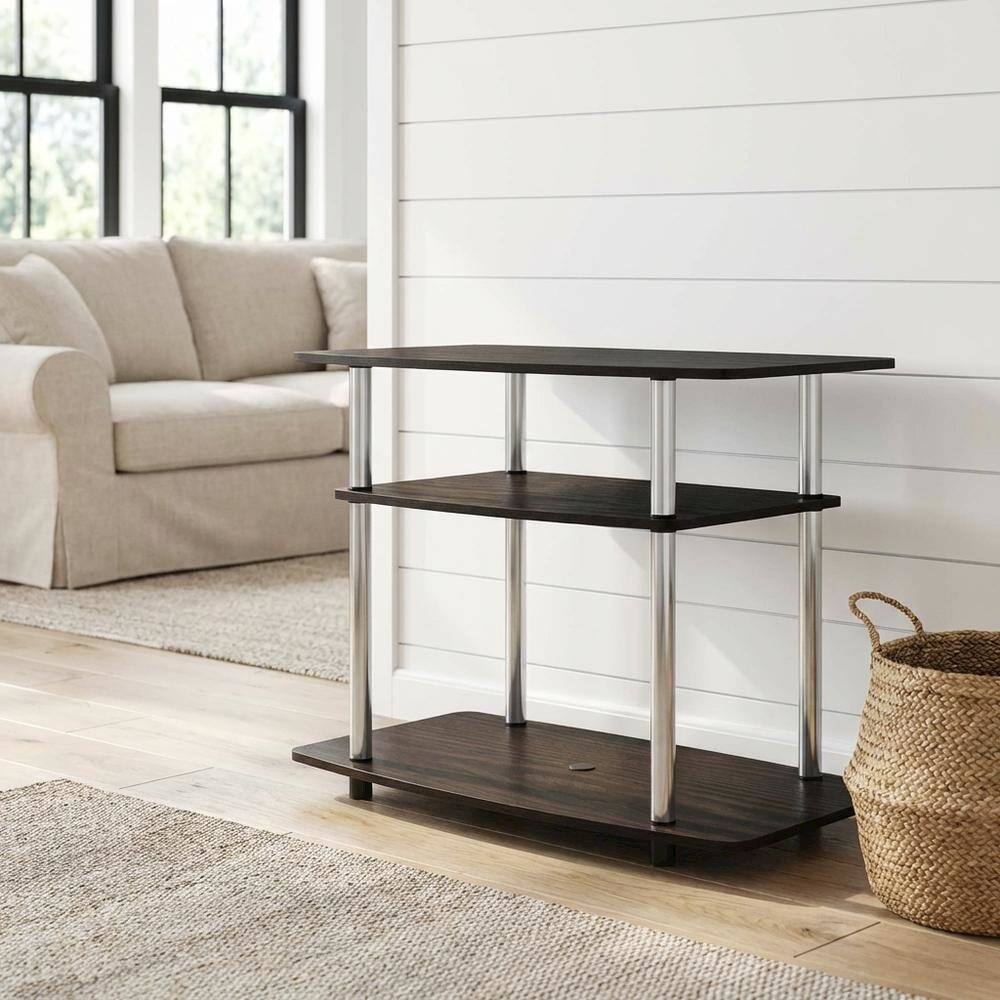 Alt View 1. FurniFact - Wood TV stand in Americano, Chrome finish, three-tier shelving, media storage - Black.