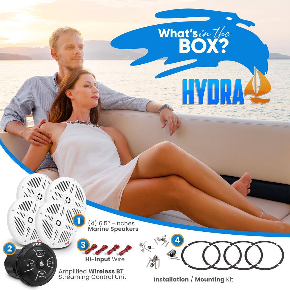 What's in the BOX?

HYDRA

1. (4) 6.5" - Inches Marine Speakers

2. Amplified Wireless BT Streaming Control Unit

3. Hi-Input Wire

4. Installation / Mounting Kit