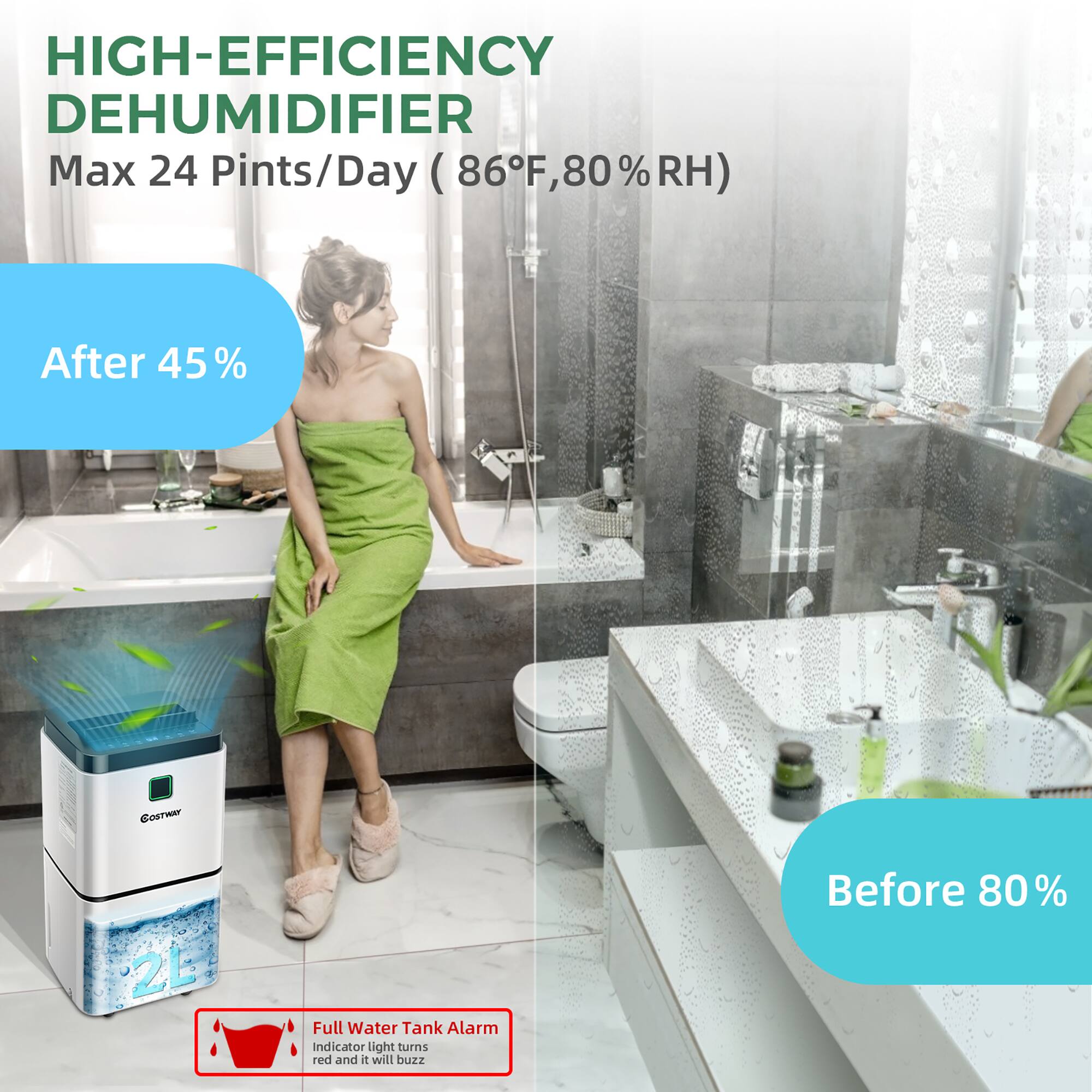 HIGH-EFFICIENCY DEHUMIDIFIER Max 24 Pints/Day (86°F, 80% RH) After 45% COSTARF 2L Full Water Tank Alarm Indicator light turns red and will buzz Before 80%