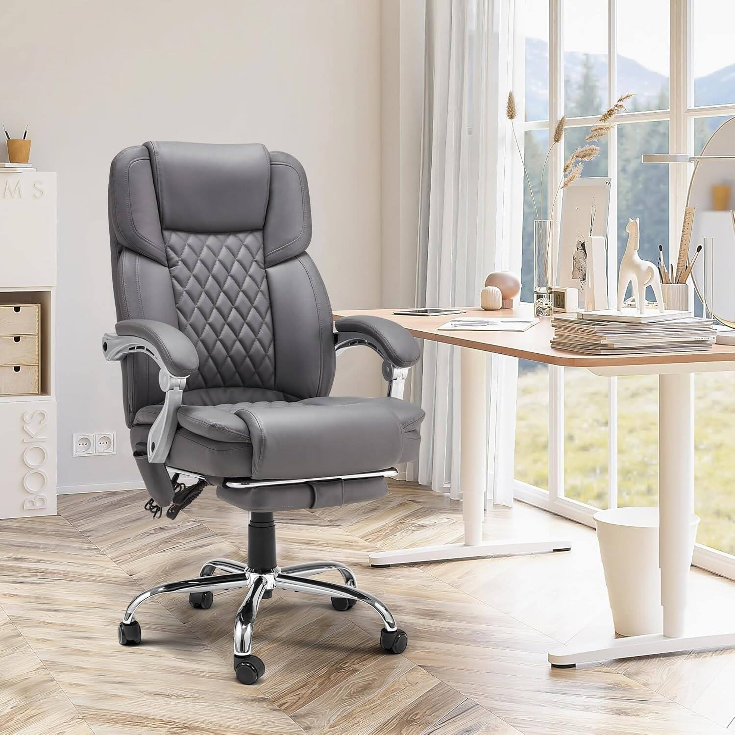 Angle. U-HOMY - Ergonomic Office Chair with 4-Point Massage, Adjustable Recline, Footrest and Lumbar Support - Grey.
