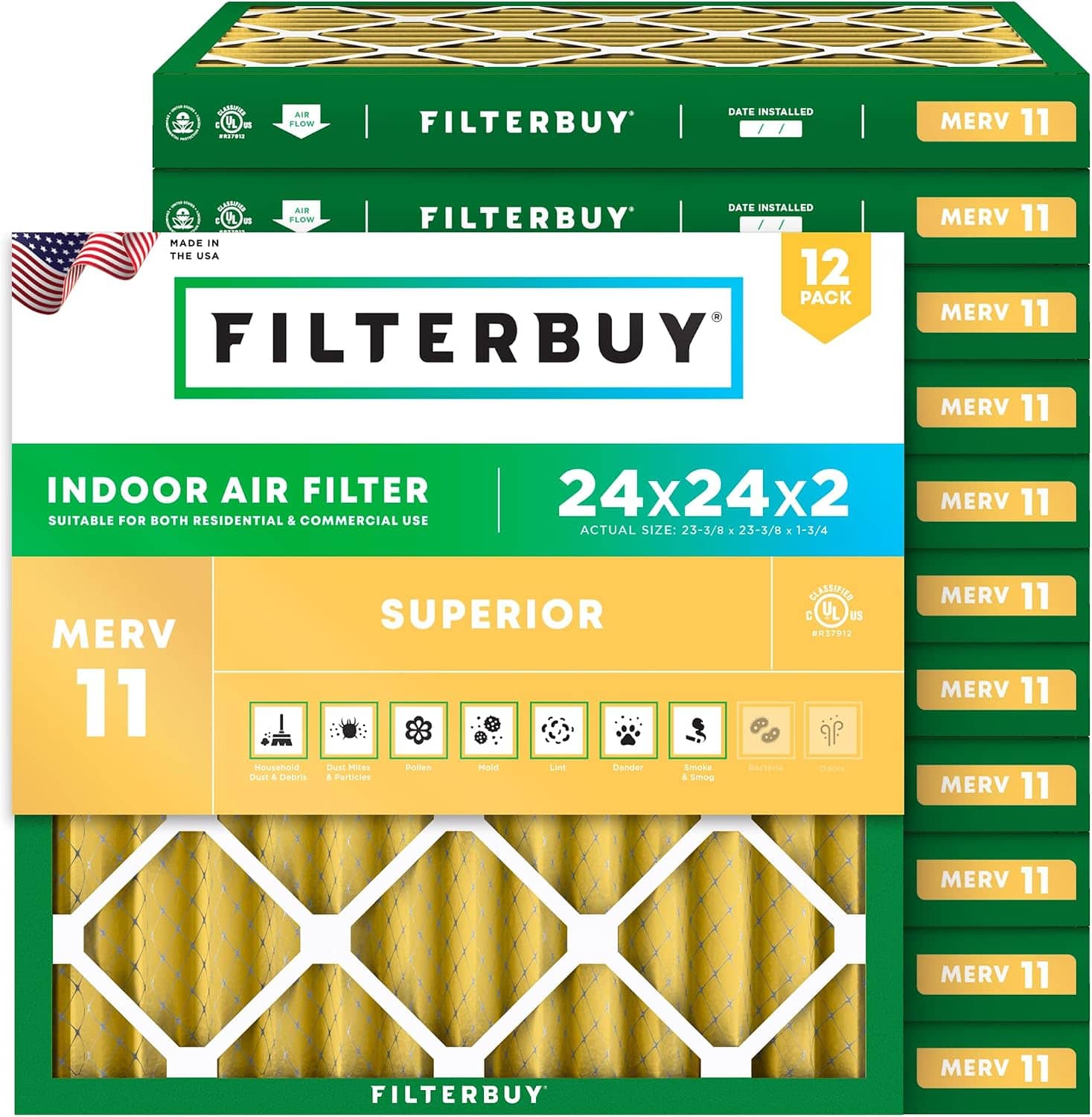 Filterbuy - 24x24x2 MERV 11 Pet & Allergy Defense, Electrostatic Pleated HVAC AC Furnace Air Filters Replacement (12-Pack) - Gold price history on PriceWatchPro