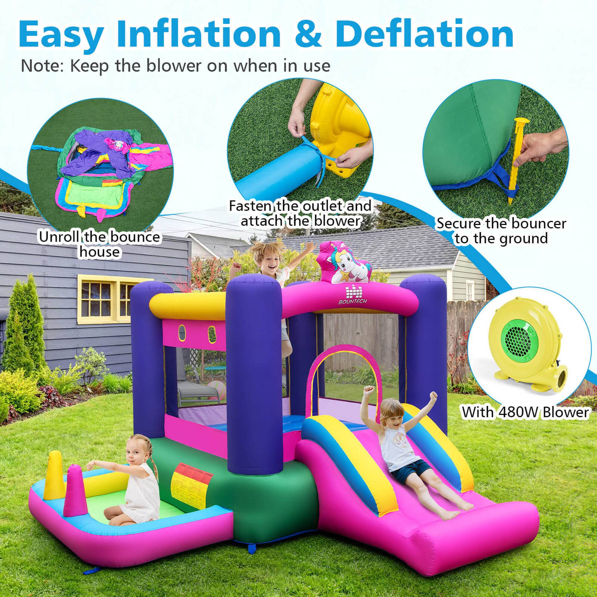 Easy Inflation & Deflation

Note: Keep the blower on when in use

1. Unroll the bounce house
2. Fasten the outlet and attach the blower
3. Secure the bouncer to the ground

With 480W Blower