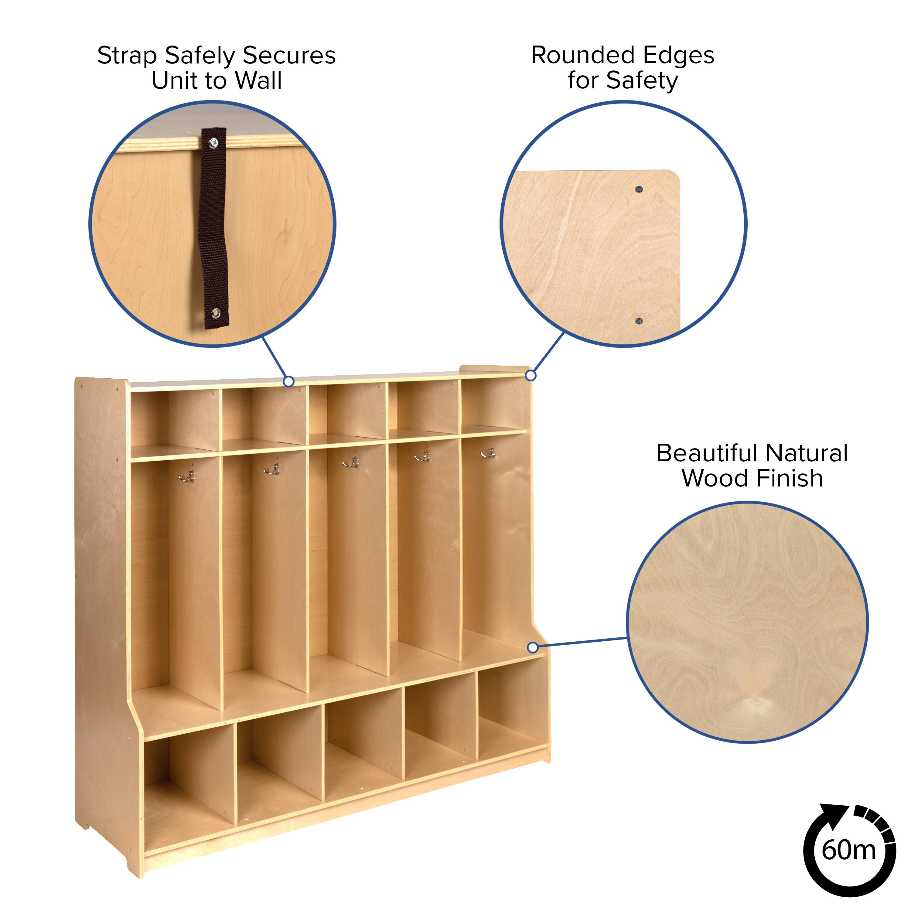 - Strap Safely Secures Unit to Wall
- Rounded Edges for Safety
- Beautiful Natural Wood Finish
- 60m