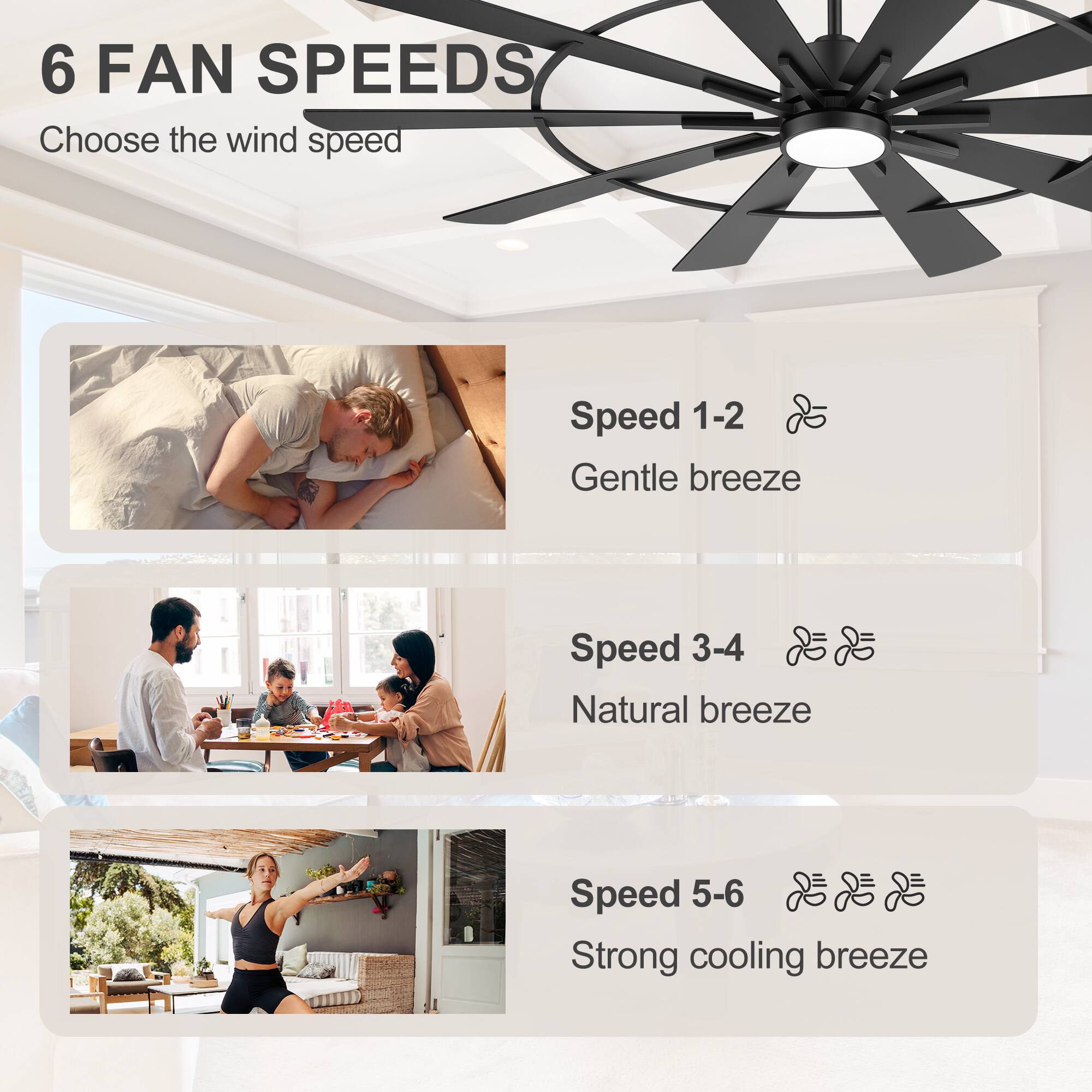 6 FAN SPEEDS  
Choose the wind speed

Speed 1-2  
Gentle breeze

Speed 3-4  
Natural breeze

Speed 5-6  
Strong cooling breeze