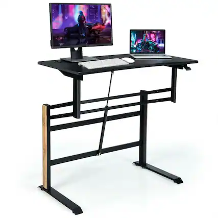 Front. Kadyn - Pneumatic Height Adjustable Gaming Desk T Shaped Game Station with Power Strip Tray-Black, Home Office Desks - Black.