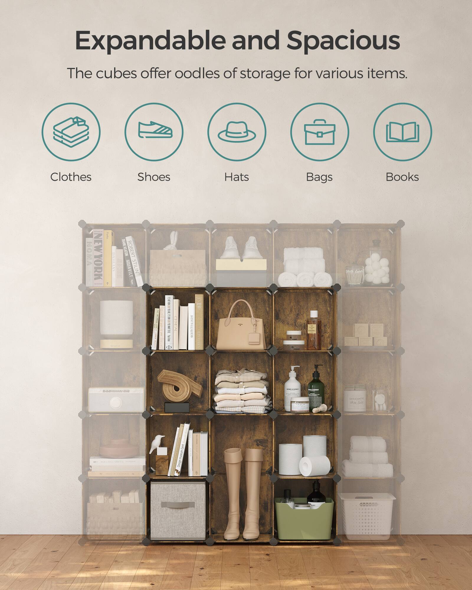 Expandable and Spacious  
The cubes offer oodles of storage for various items.  
Clothes Shoes Hats Bags Books  

I NOMA NEWYORK  
ROBERT SIEERVILT STILIN  
SNLEUEERK TWT  
NALL  

G - OngmtCo
