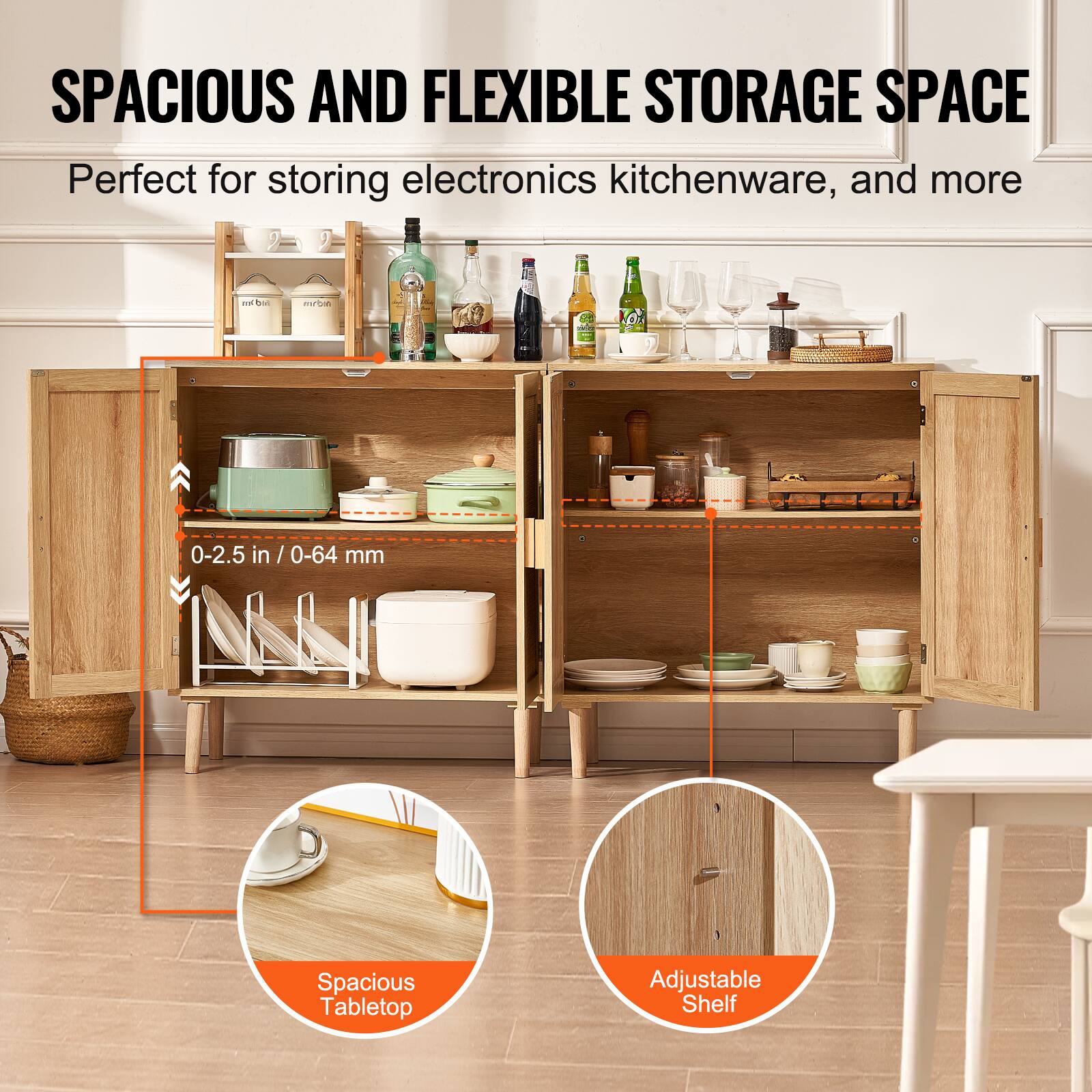 SPACIOUS AND FLEXIBLE STORAGE SPACE  
Perfect for storing electronics, kitchenware, and more  

0-2.5 in / 0-64 mm  

Spacious Tabletop  
Adjustable Shelf
