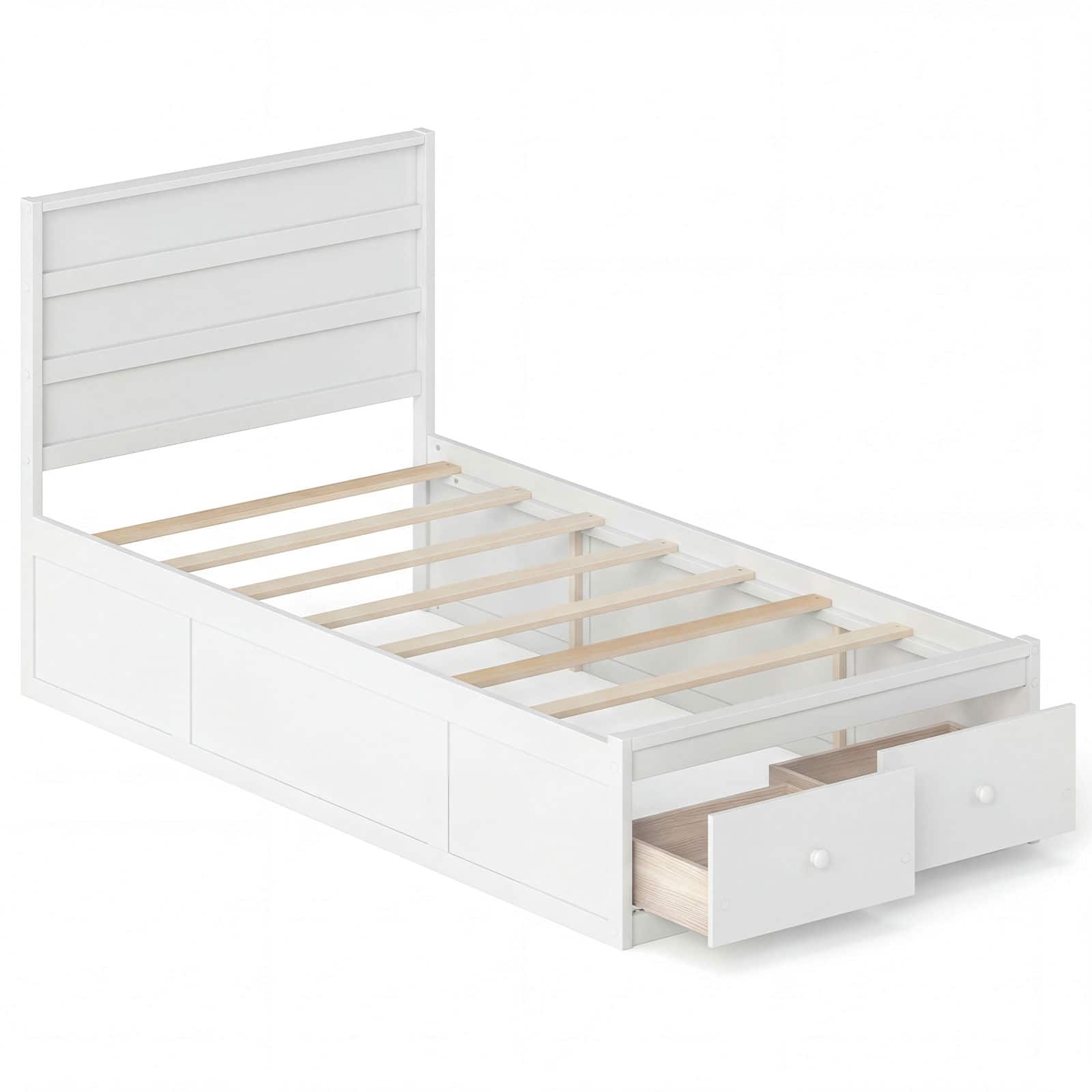 Gymax - Full Size Bed Frame w/Storage Drawers Headboard Wooden Slat&Enclosed Base - White