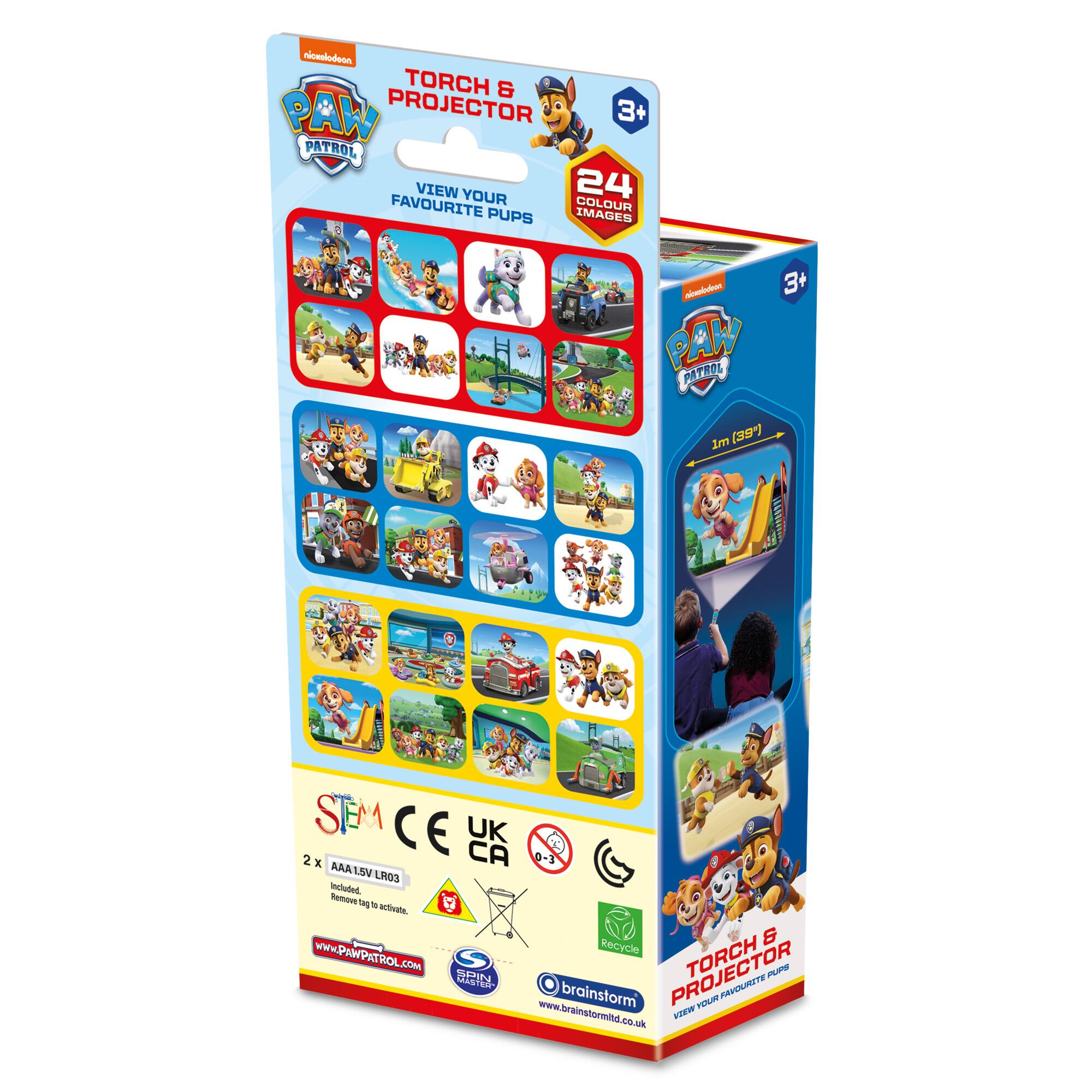 Torch & Paw Patrol Projector 3+ is a product that allows you to view your 24 favorite Paw Patrol images. It comes with a 3+ age recommendation and includes a 3+ Paw Patrol Projector, 2 AAA batteries, and a 3+ Paw Patrol Projector Torch. The product is made in the UK and is CE marked. The packaging also includes a recycling message and a website address for Paw Patrol.