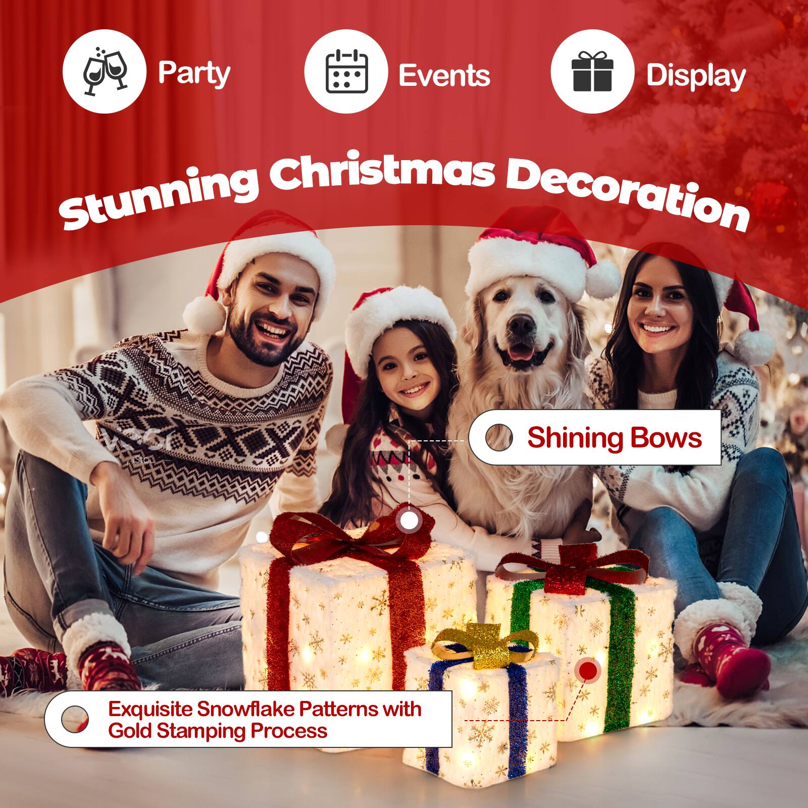 Party Events Display Christmas Stunning Decoration  
Shining Bows  
Exquisite Snowflake Patterns with Gold Stamping Process