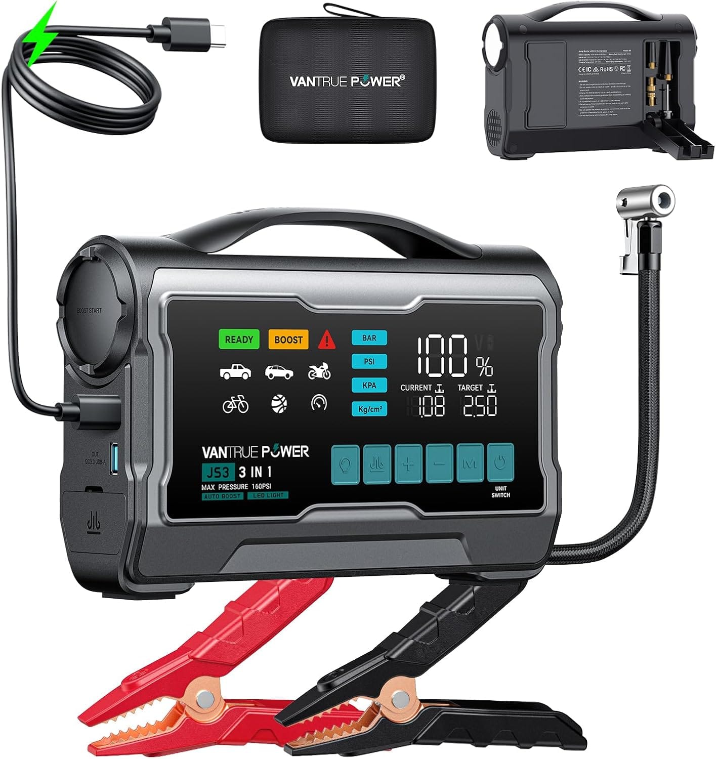 Vantrue - JS3 4-in-1 Car Jump Starter with Air Compressor, 3250A, PD 65W Quick Charge, 160PSI, for 8L Gas/3.8L Diesel