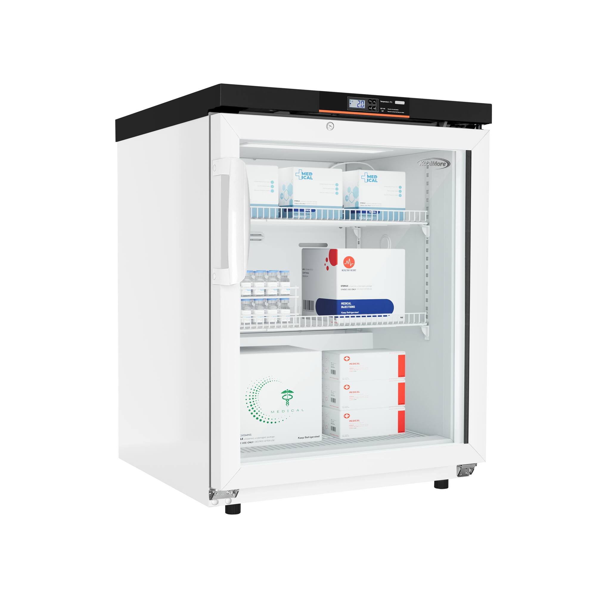 The refrigerator is filled with medical supplies, including boxes of medication and bottles of water. The shelves are organized with the medication and water, making it easy to access and store the items. The refrigerator is white and has a black top, giving it a clean and professional appearance.