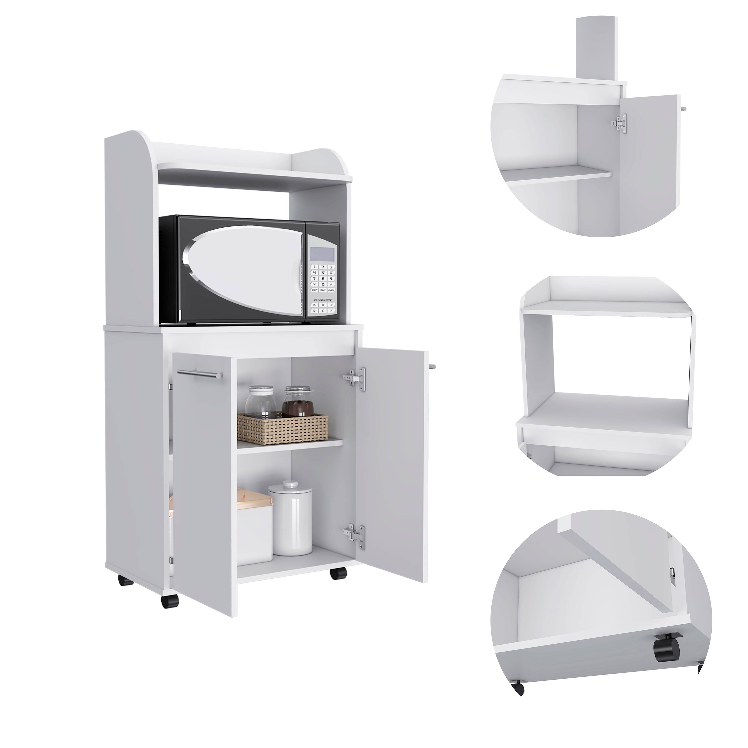 Alt View 4. Spaco - Spaco Kitchen Cart with Double Door Cabinet with Open Shelf, 2 Interior Shelves, Microwave Stand and Casters - White.