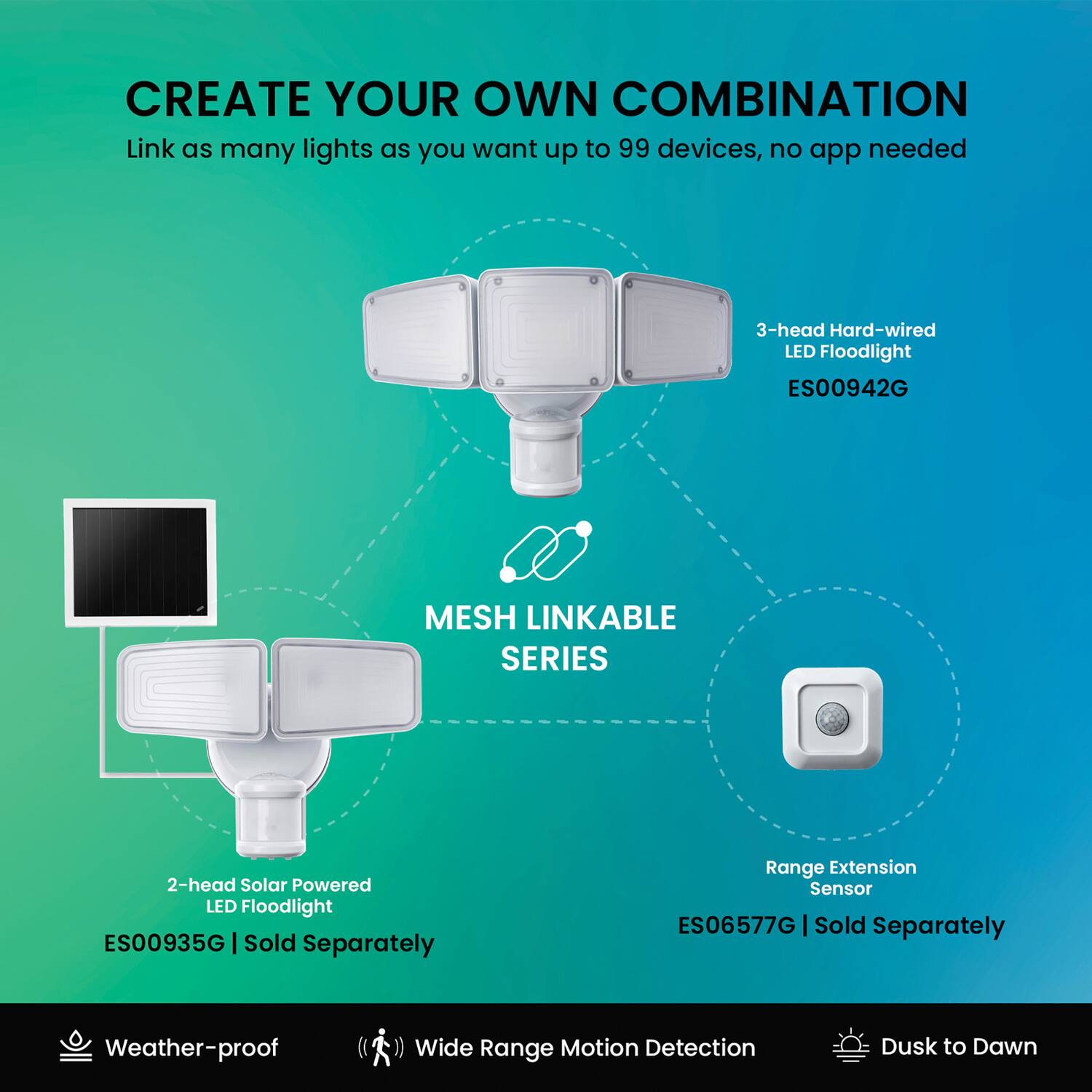 CREATE YOUR OWN COMBINATION  
Link as many lights as you want up to 99 devices, no app needed  

3-head Hard-wired LED Floodlight ES00942G  
2-head Solar Powered LED Floodlight ES00935G | Sold Separately  
Range Extension Sensor ES06577G | Sold Separately  

Weather-proof  
Wide Range Motion Detection  
Dusk to Dawn