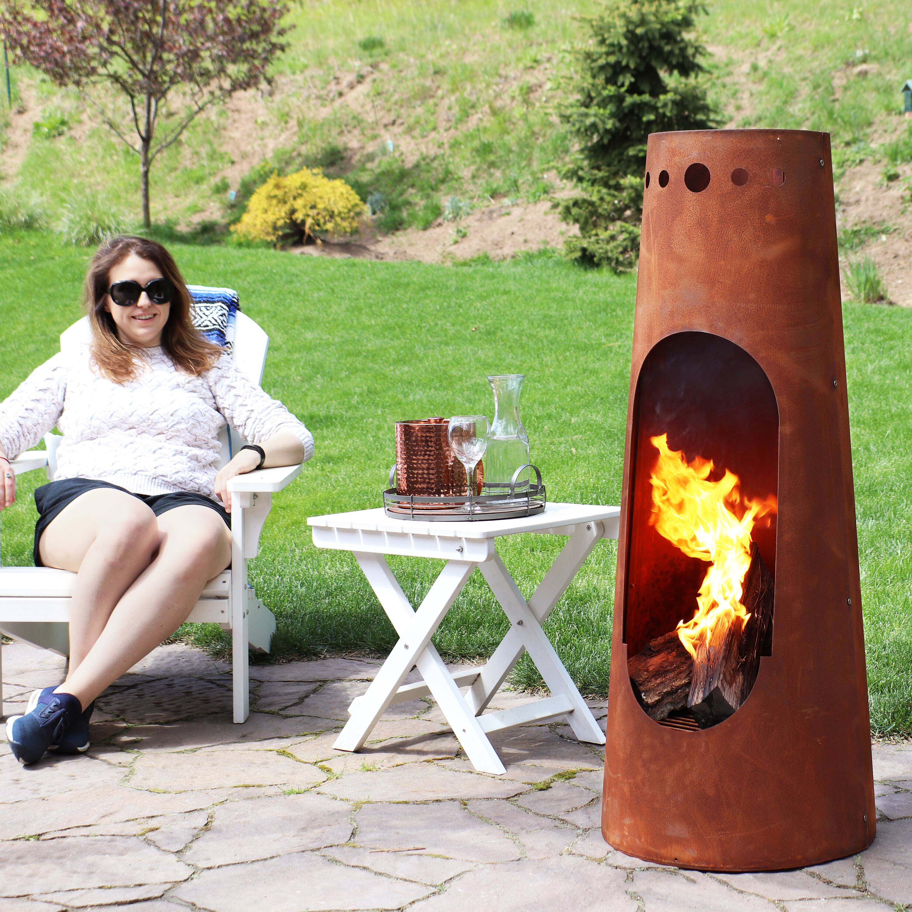 Alt View 5. Sunnydaze - 50 in Santa Fe Wood Burning Chiminea Fire Pit with Log Grate - Dark Orange.