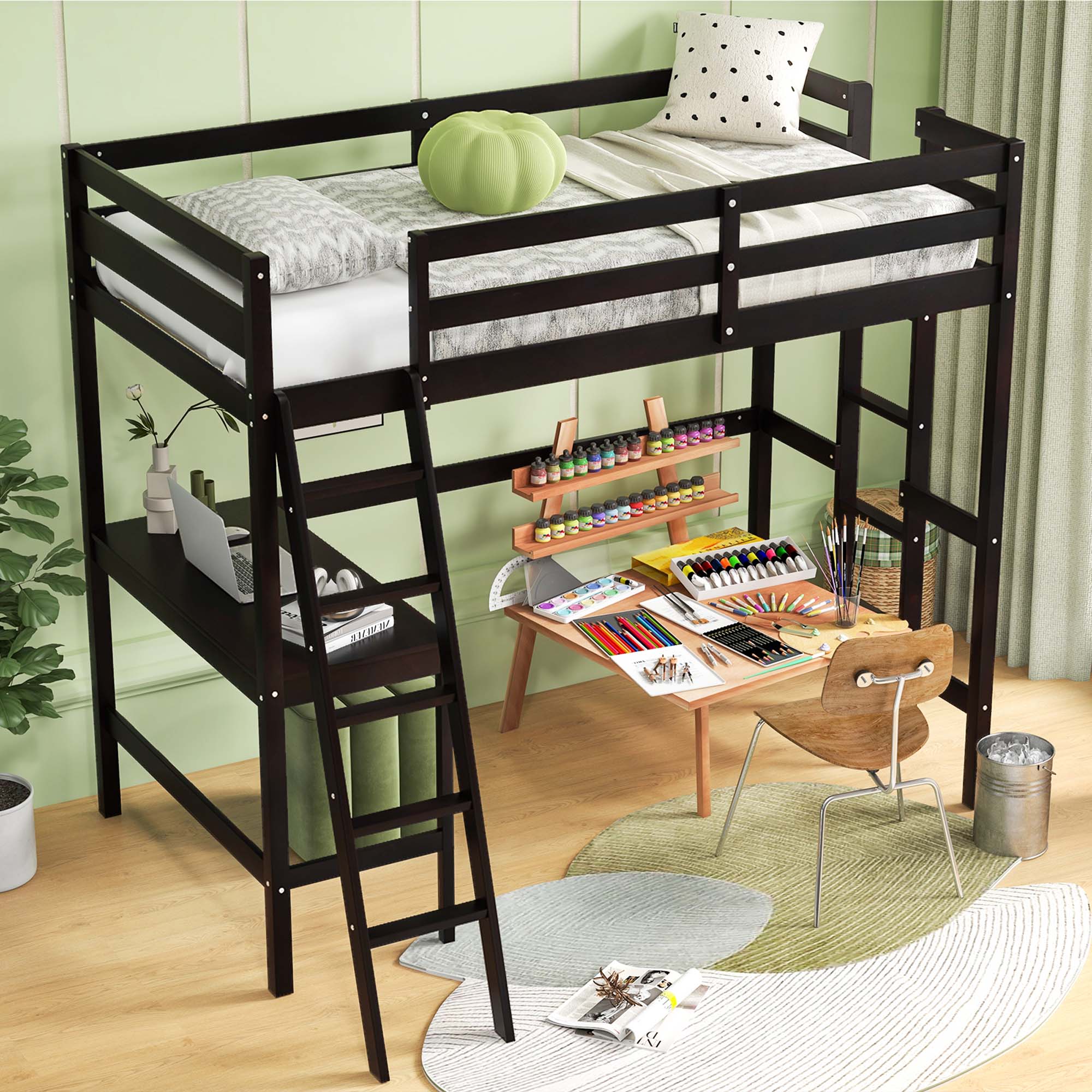Alt View 4. Costway - Costway Twin Size Loft Bed w/ Desk & Shelf 2 Ladders & Guard Rail for Kids Teens Bedroom - Expresso.