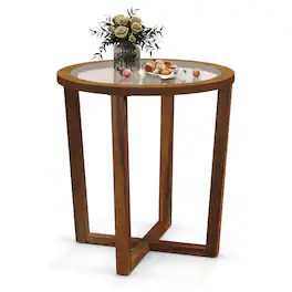 Gymax - Modern Round End Table w/ Transparent Tempered Glass Top Solid Acacia Wood Legs - Brown