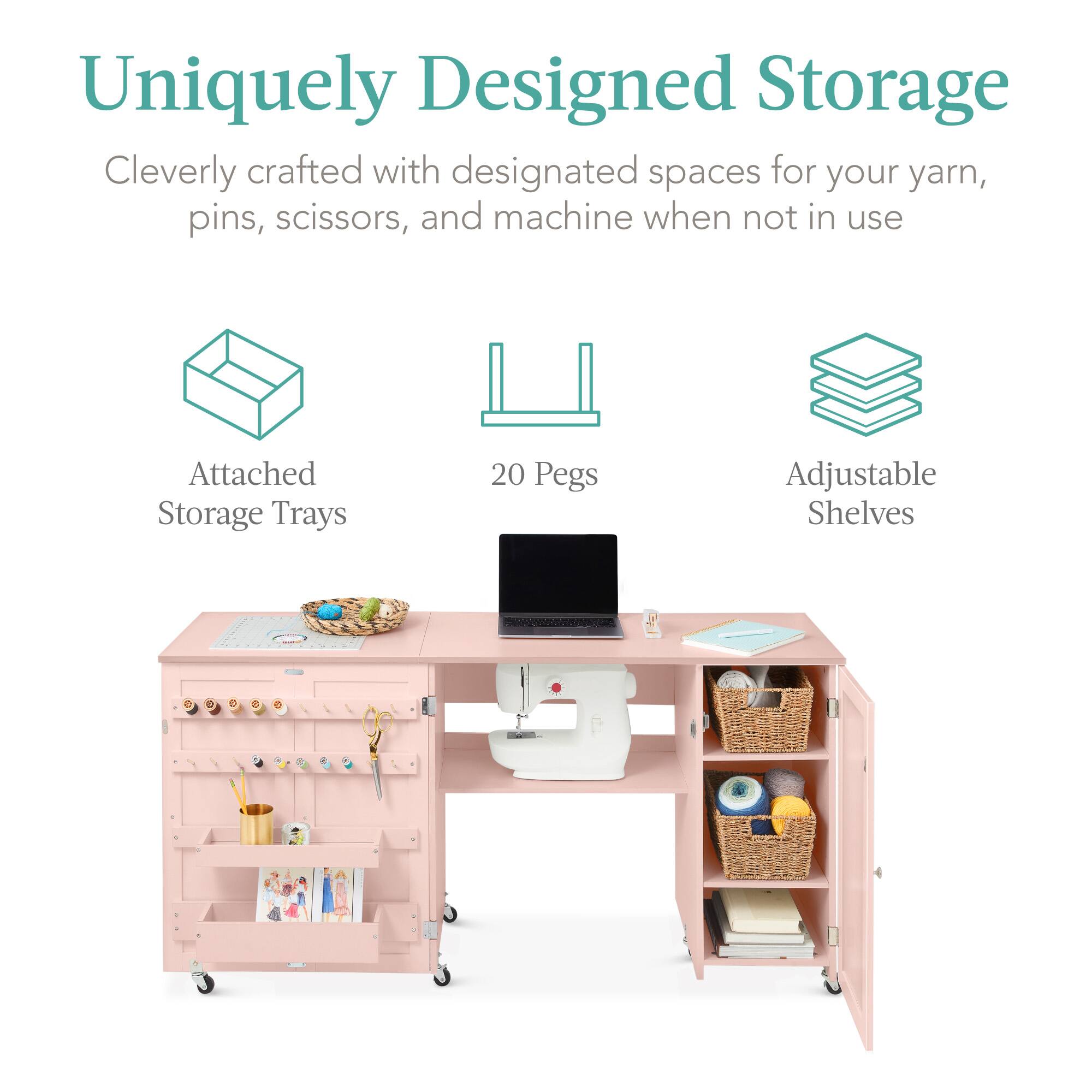 Uniquely Designed Storage

Cleverly crafted with designated spaces for your yarn, pins, scissors, and machine when not in use

- Attached Storage Trays
- 20 Pegs
- Adjustable Shelves