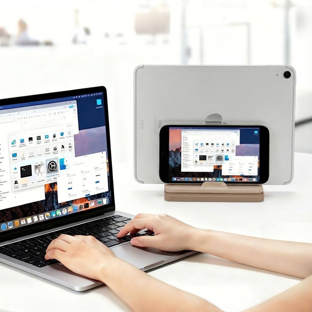 Alt View 1. HongFei - Dual Vertical Laptop Stand, 3 in 1 Upright Desktop Stand Holder with Adjustable Dock, Leather Laptop Rack Storage. - Apricot.