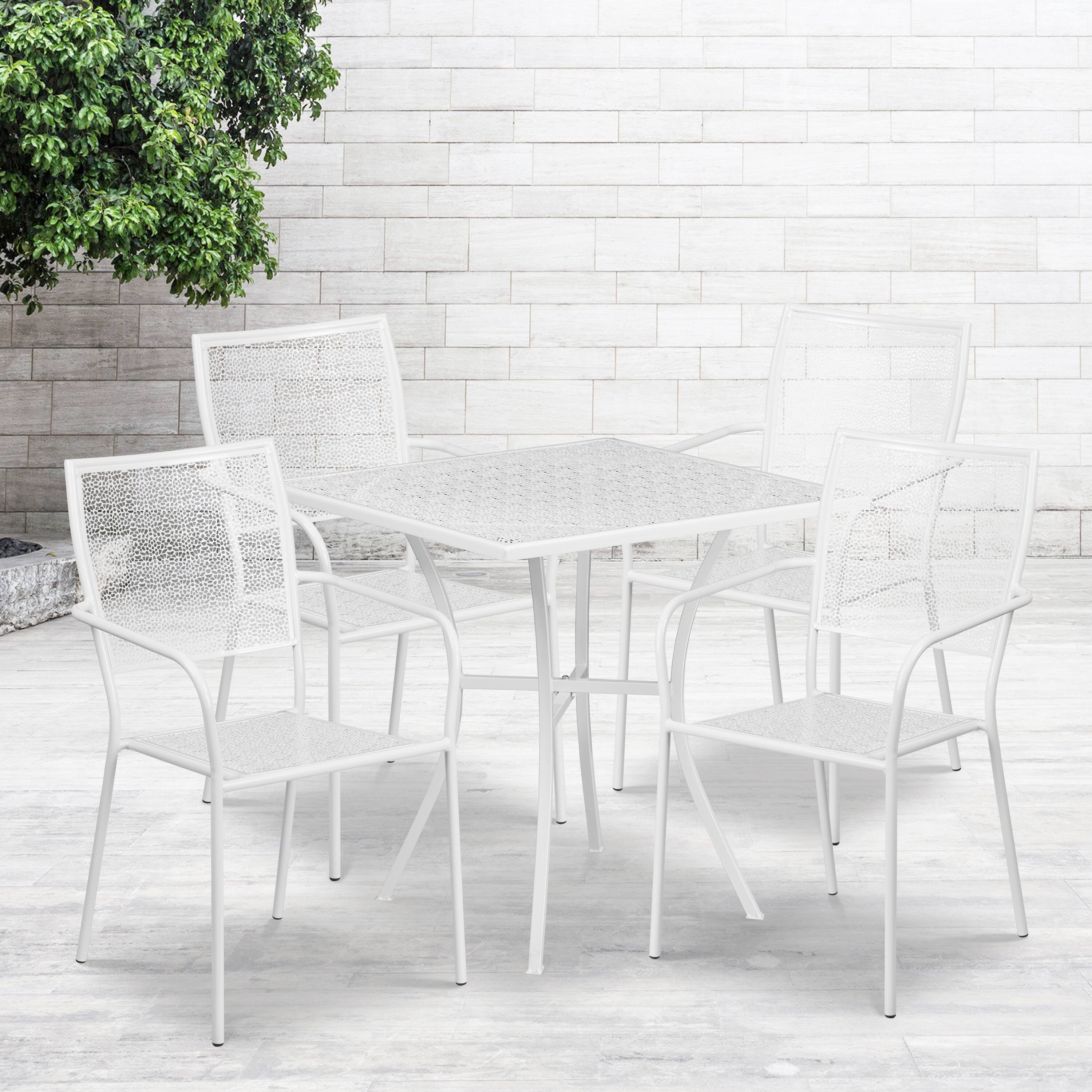 Alt View 1. Emma + Oliver - Commercial Grade 28" Square Metal Garden Patio Table Set w/ 4 Square Back Chairs - White.