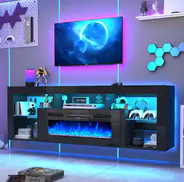 Espafurni - 71" Floating TV Stand for 85" TVs - High - Gloss, with 40" Electric Fireplace, Charging, LED & Storage - Black