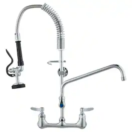 Wall-Mounted Kitchen Faucet, 25" Tall, 8" Center Distance, 12" Rotatable Spout, Includes Pre-Rinse Spray, Brass Build