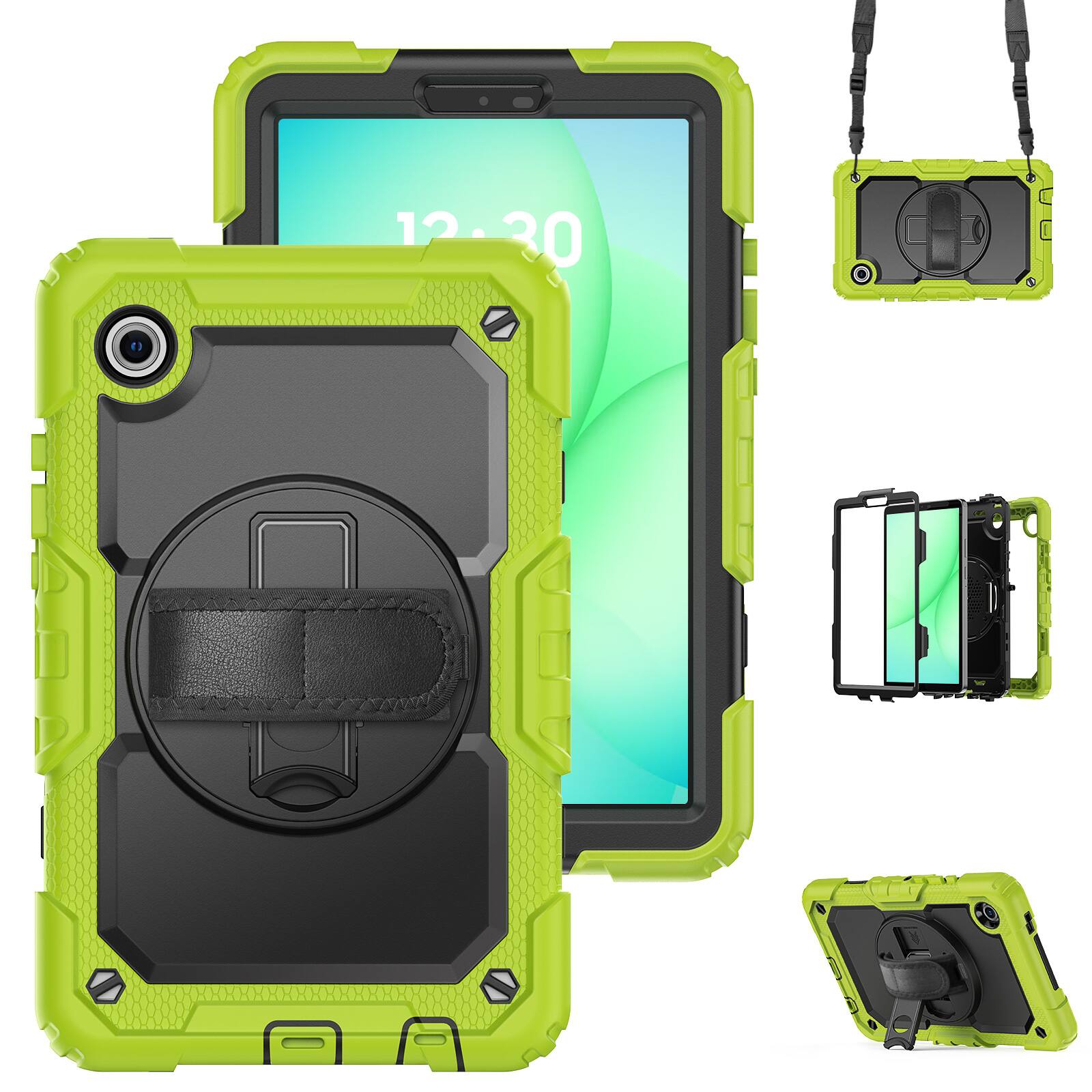 Left. Dteck - For Samsung Galaxy Tab A11 2025/A9 2023 8.7'' Shockproof Three-Layer Stand Shoulder Strap Case Built-in Screen Protector - Green.