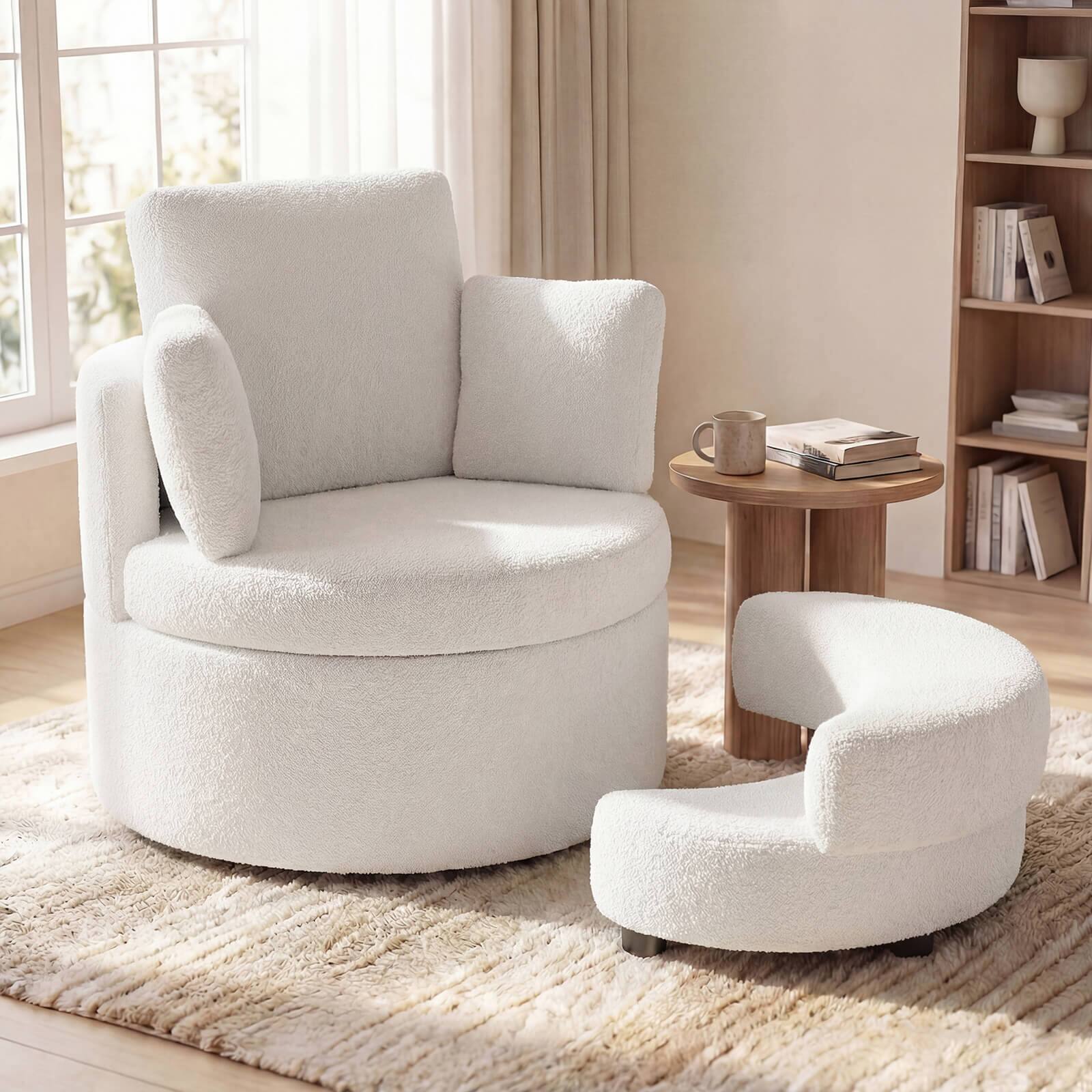 Alt View 3. Costway - Costway 360° Swivel Accent Chair with Half Moon Storage Ottoman 3 Removable Pillows, Office - White.