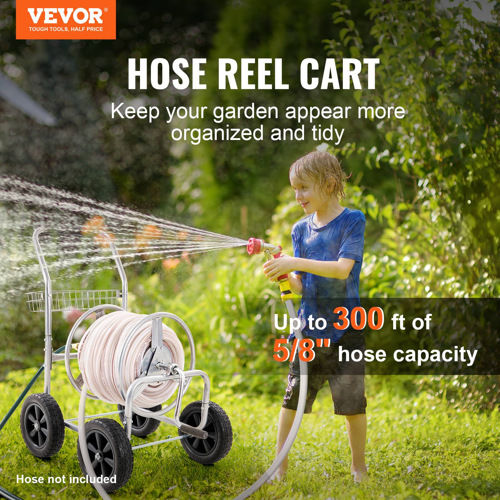VEVOR TOUGH TOOLS, HALF PRICE HOSE REEL CART
Keep your garden appear more organized and tidy
Up to 300 ft of 5/8" hose capacity
Hose not included