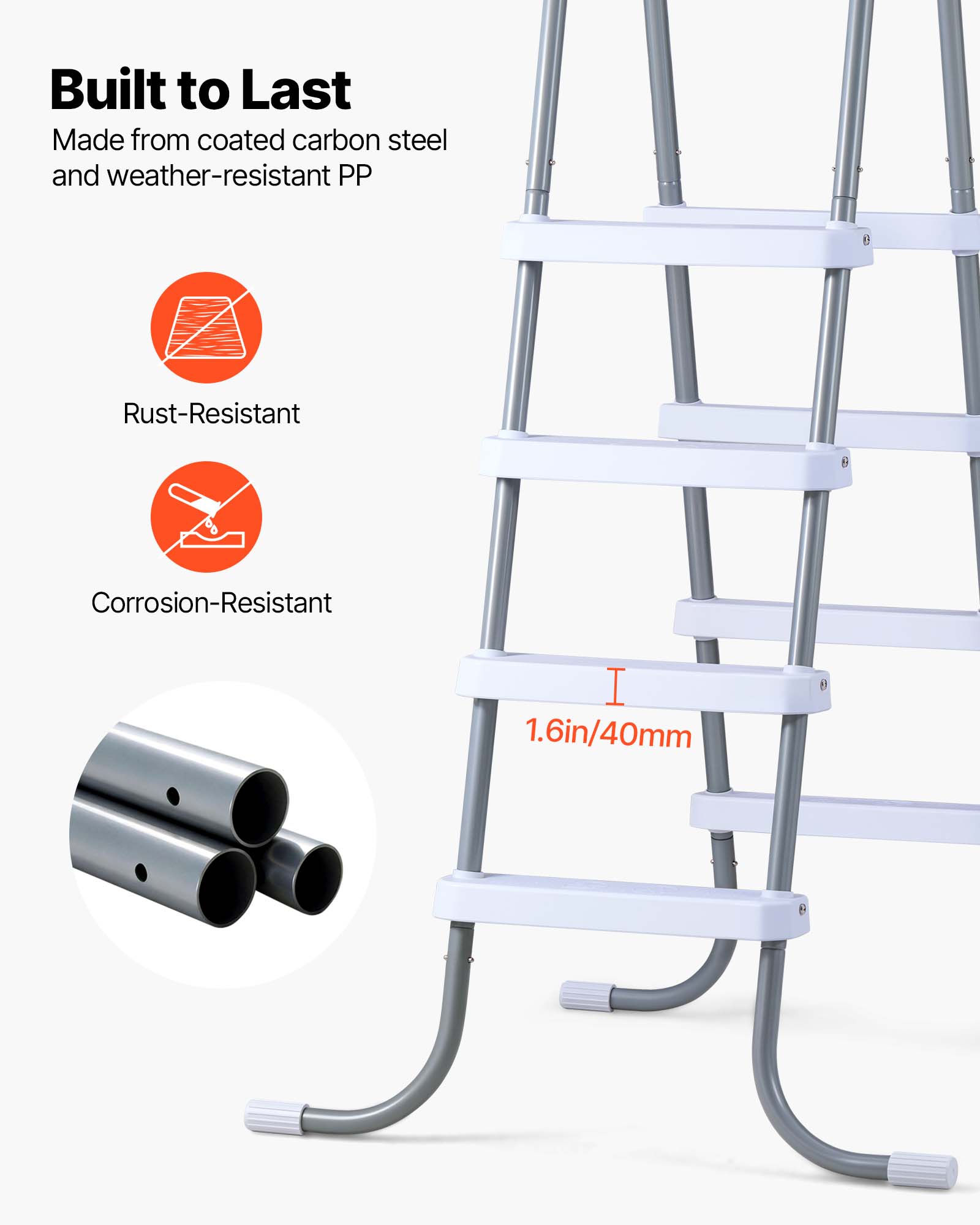 Built to Last  
Made from coated carbon steel and weather-resistant PP  
Rust-Resistant  
Corrosion-Resistant  
1.6in/40mm