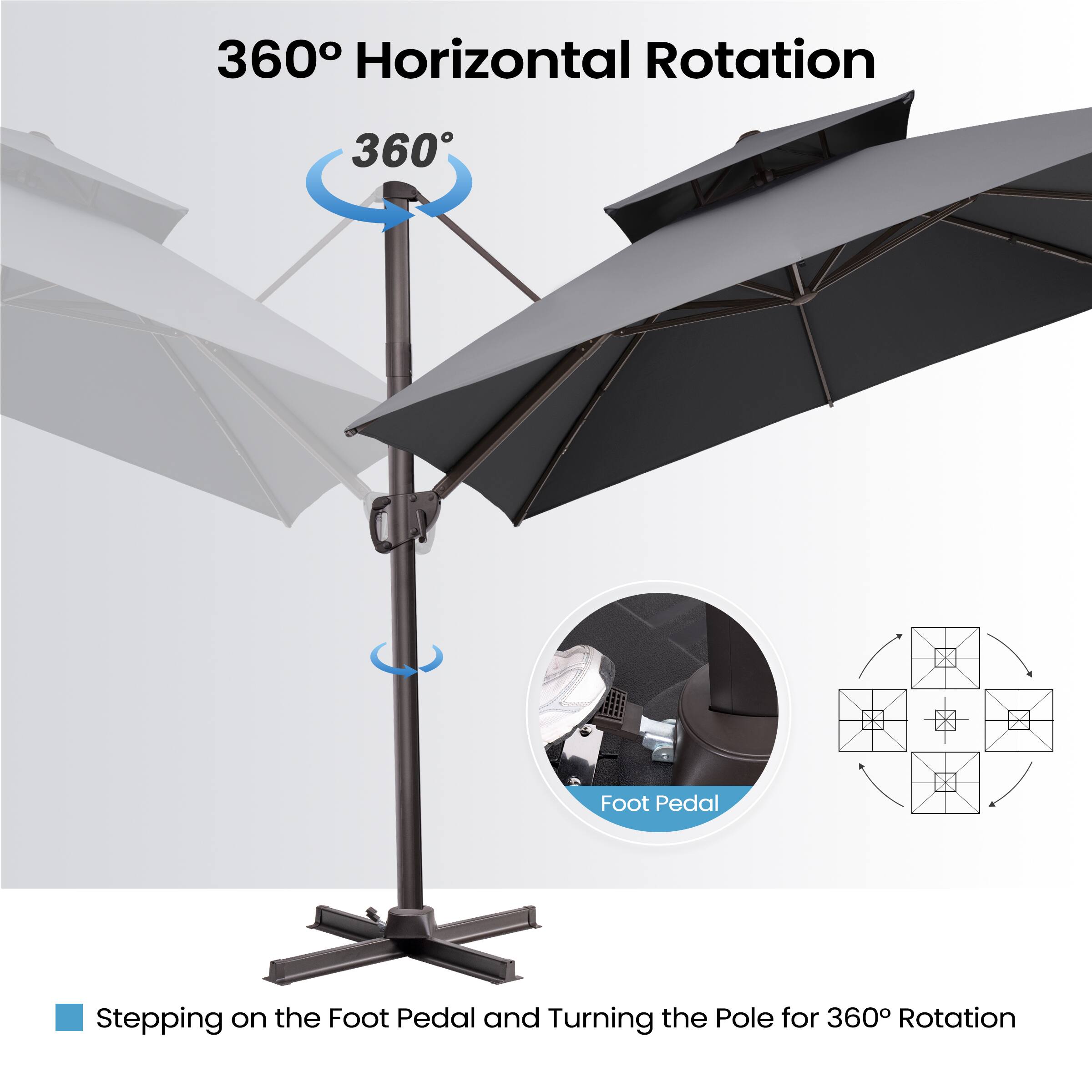 360° Horizontal Rotation

Stepping on the Foot Pedal and Turning the Pole for 360° Rotation

Foot Pedal