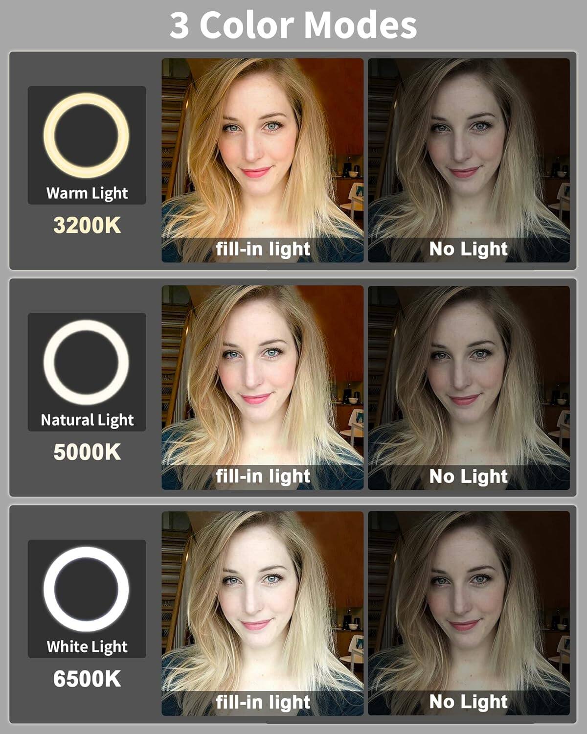 3 Color Modes

- Warm Light 3200K
  - fill-in light
  - No Light

- Natural Light 5000K
  - fill-in light
  - No Light

- White Light 6500K
  - fill-in light
  - No Light