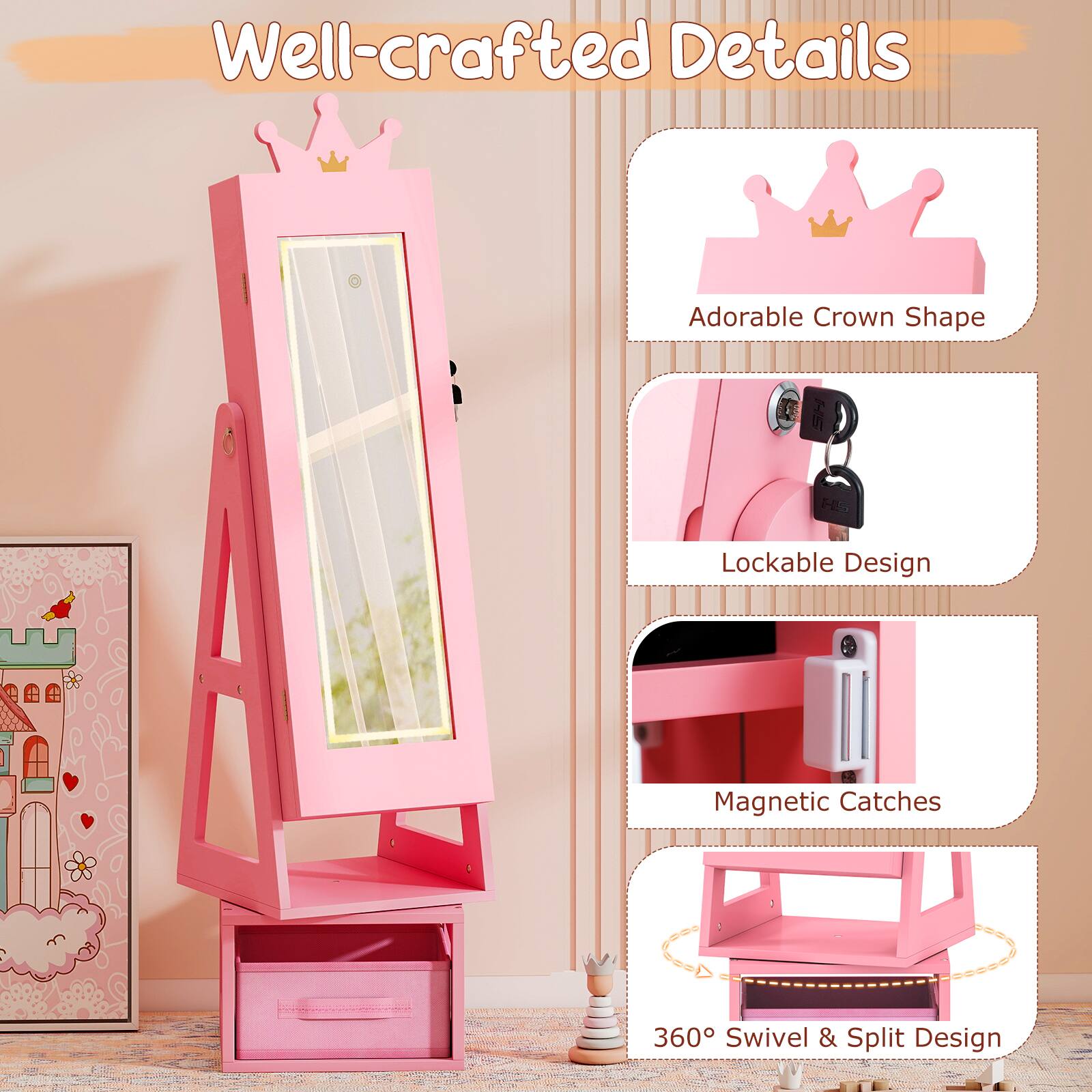 Well-crafted Details

- Adorable Crown Shape
- Lockable Design
- Magnetic Catches
- 360° Swivel & Split Design