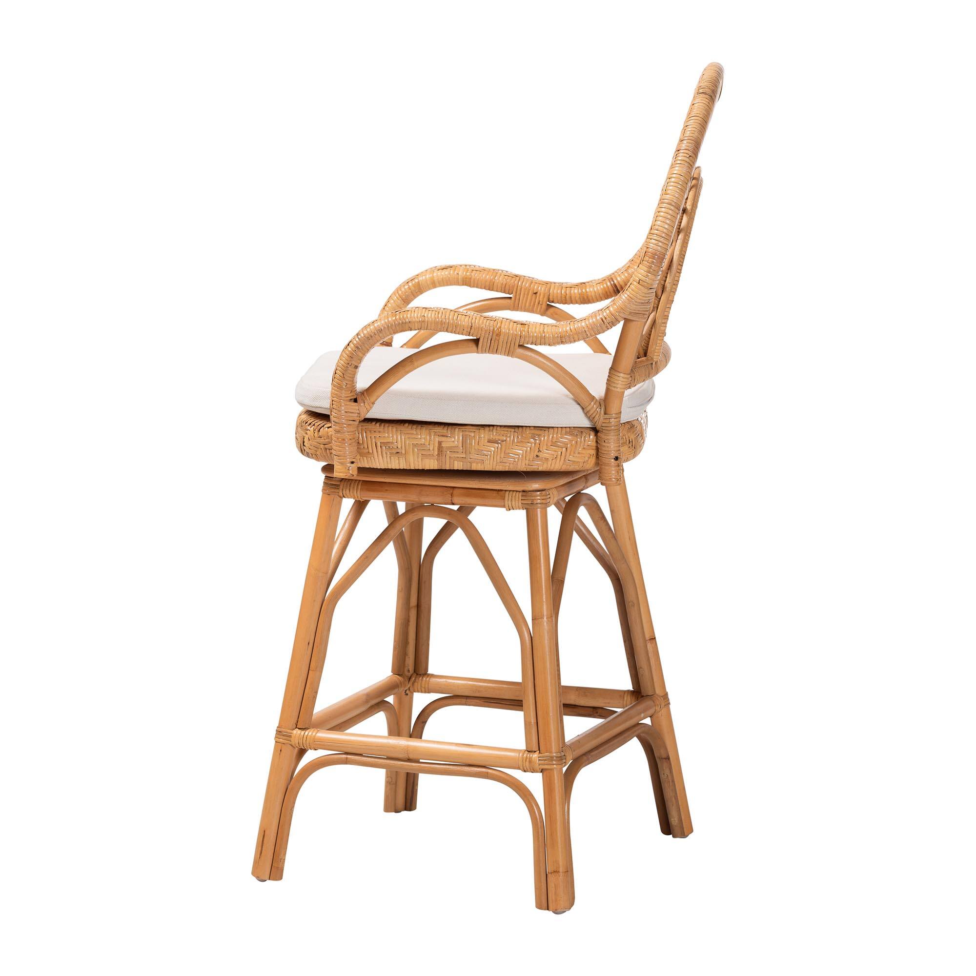 Left. bali & pari - Adam Natural Rattan Counter Stool with Cushion - Handwoven Wicker Swivel Bar Chair for Kitchen Island or Lounge Area - Light Honey.