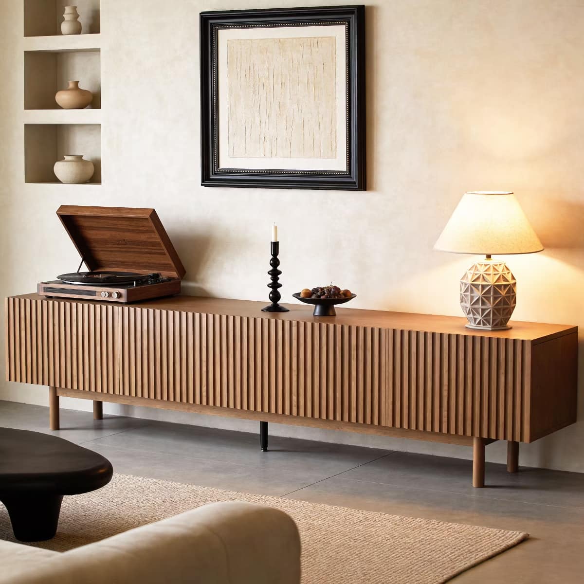 "luck idea - 86.6"" Fluted Wood TV Stand for TV Up to 90"", Mid-Century Walnut Media Console with Storage Cabinets & Cable Holes - Brown" price history on PriceWatchPro