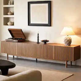 luck idea - 86.6" Fluted Wood TV Stand for TV Up to 90", Mid-Century Walnut Media Console with Storage Cabinets & Cable Holes - Brown