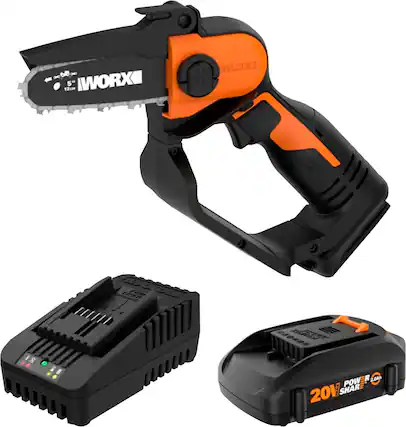 The image features a power tool, specifically a chainsaw, with a black handle and an orange body. The chainsaw is attached to a battery pack, which is also orange and black. The chainsaw is placed next to a charger, which is also orange and black. The image also includes a small box with a green light, possibly indicating that the tool is ready to use or has been charged. The overall scene suggests that this is a power tool set, with the chainsaw being the main focus.