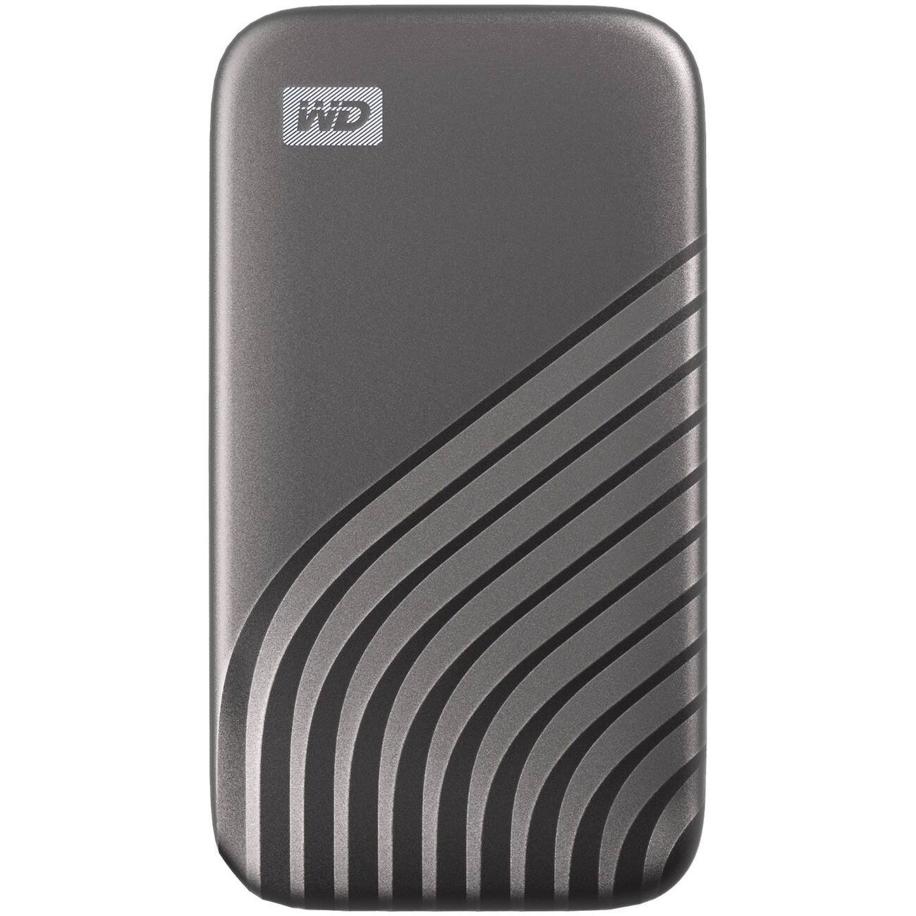 Left. Western Digital - WD My Passport WDBAGF0040BGY-WESN 4 TB Portable Solid State Drive - External - Gray - USB 3.2 (Gen 1) Type C - 1050 MB/s.