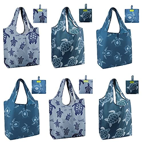 Vulpecula Spade - Sea Turtle Reusable Grocery Bags Large Tote Bag With Handles, Bulk Gift Foldable Shopping Bags for Women 6 Pack, Cute - Animals-sea Turtle-blue