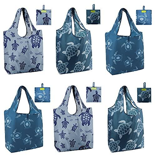 Front. Vulpecula Spade - Sea Turtle Reusable Grocery Bags Large Tote Bag With Handles, Bulk Gift Foldable Shopping Bags for Women 6 Pack, Cute - Animals-sea Turtle-blue.
