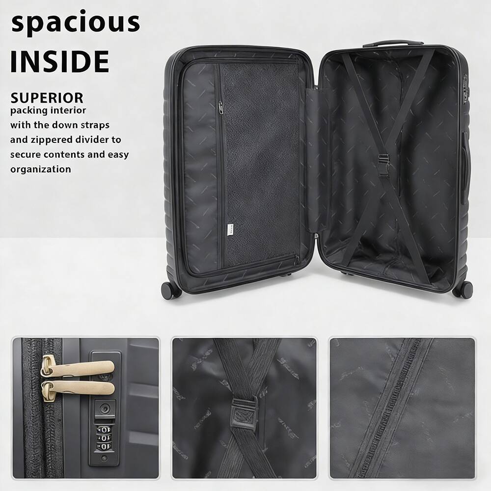 spacious INSIDE  
SUPERIOR packing interior with the down straps and zippered divider to secure contents and easy organization