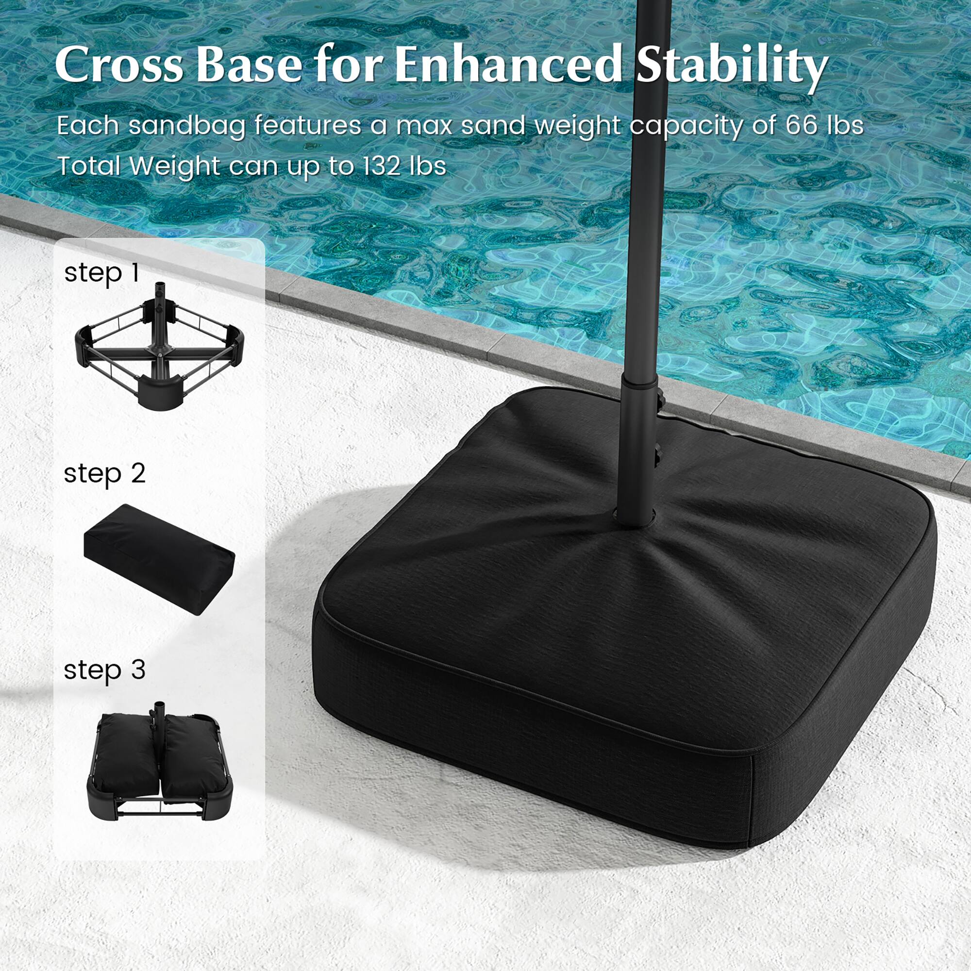 Cross Base for Enhanced Stability

Each sandbag features a max sand weight capacity of 66 lbs. Total Weight can up to 132 lbs.

step 1

step 2

step 3