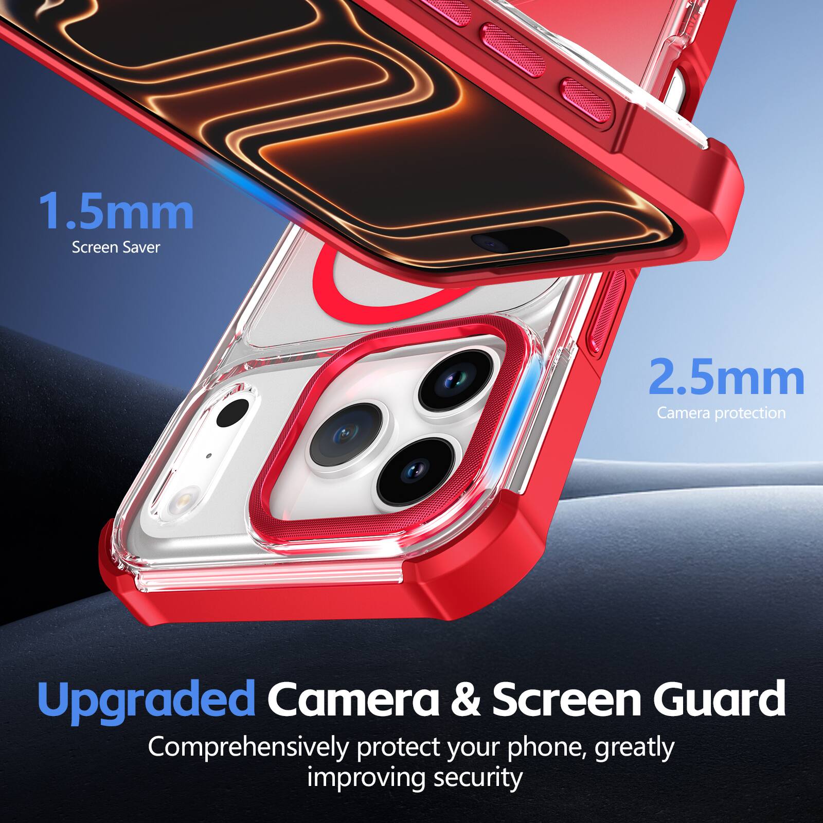 1.5mm Screen Saver  
2.5mm Camera protection  
Upgraded Camera & Screen Guard  
Comprehensively protect your phone, greatly improving security
