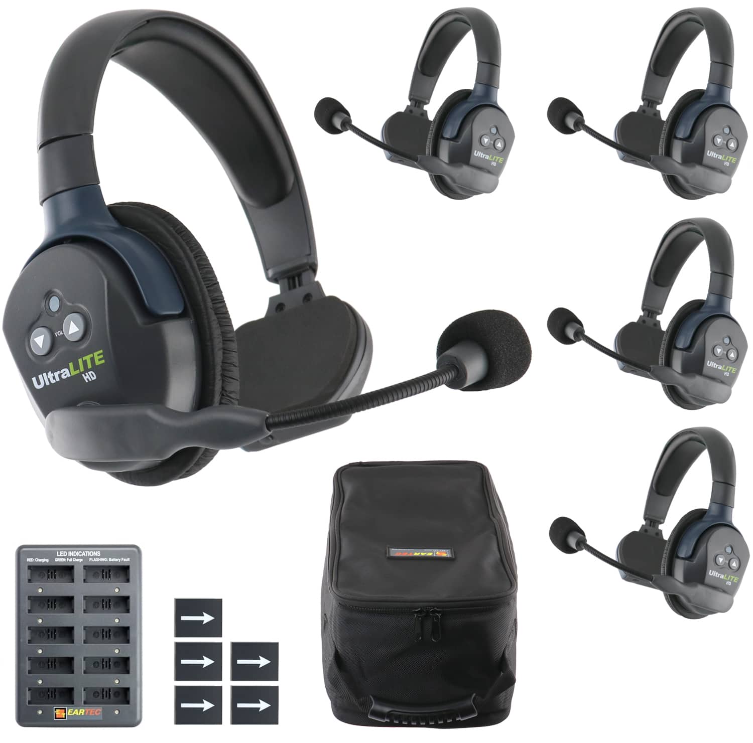 Eartec - UL5S UltraLITE Full Duplex Wireless Headset Communication for 5 Users - 5 Single Ear Headsets