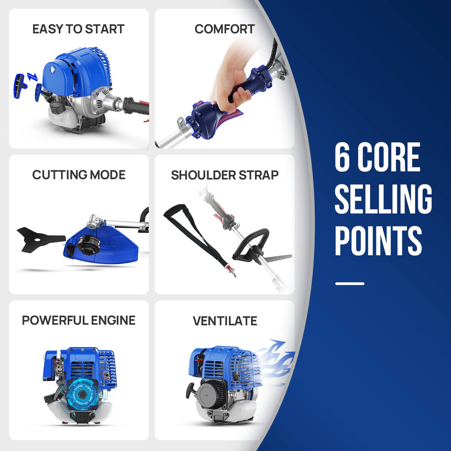 EASY TO START  
COMFORT  
CUTTING MODE  
SHOULDER STRAP  
6 CORE SELLING POINTS  
POWERFUL ENGINE  
VENTILATE