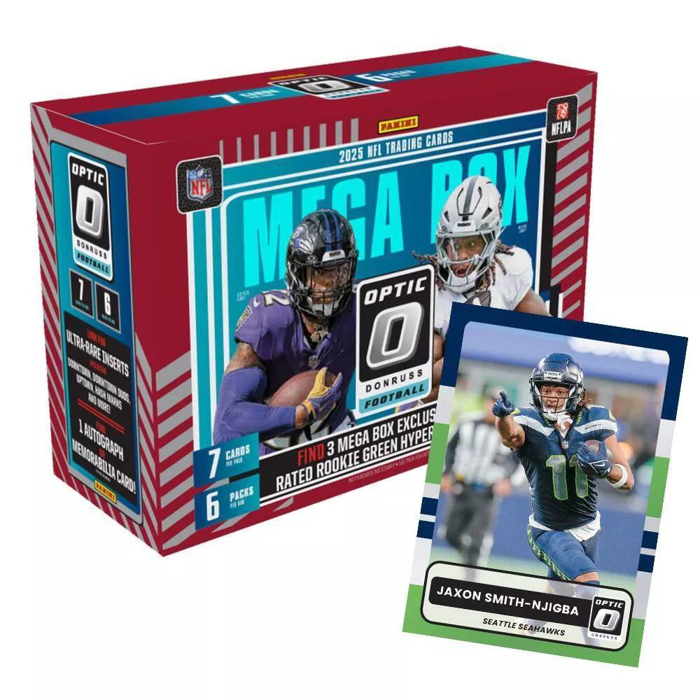 OPTIC 0 DONRUSS FOOTBALL 2025 NFL TRADING CARDS MEGA BOX

- 7 CARDS
- 6 PACKS
- 1 AUTOGRAPH MEMORABILIA CARD!
- ULTRA-RARE INSERTS
- FIND 3 MEGA GREEN HYPER CARDS
- RATED ROOKIE PACKS

JAXON SMITH-NJIGBA
SEATTLE SEAHAWKS

OPTIC 0